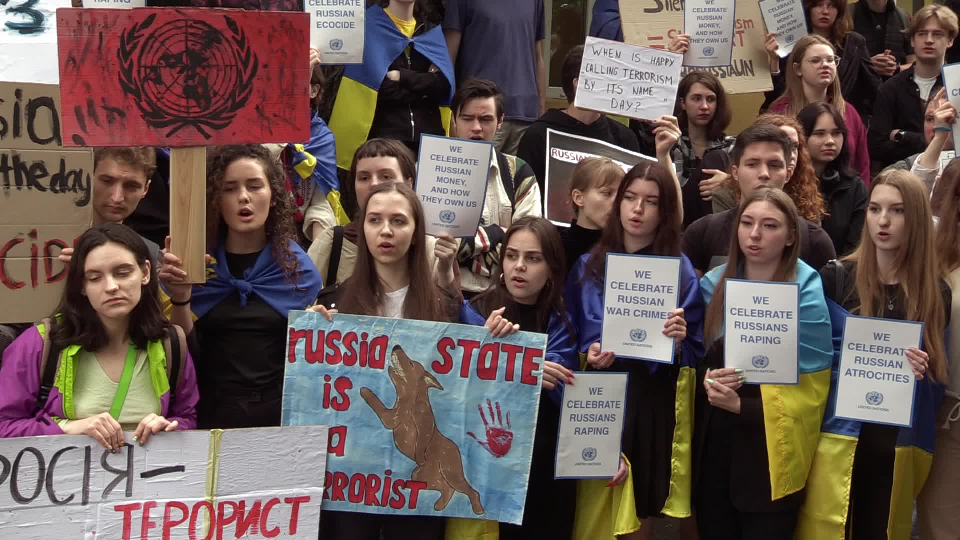 A rally in front of the United Nations mission in Kyiv, amid Russia's invasion of Ukraine.