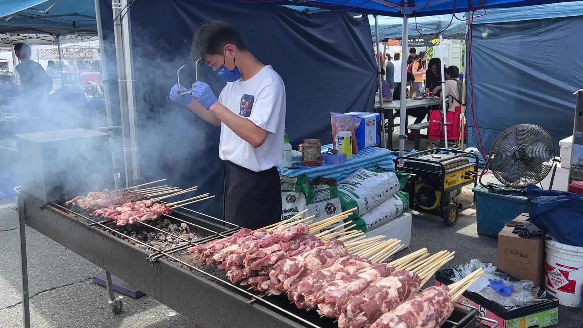 Man grills lamb skewers