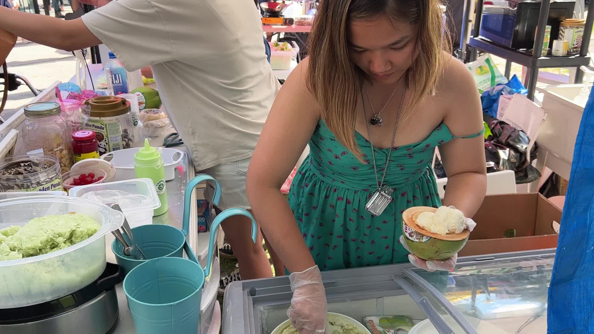 Coconut ice cream served in a coconut
