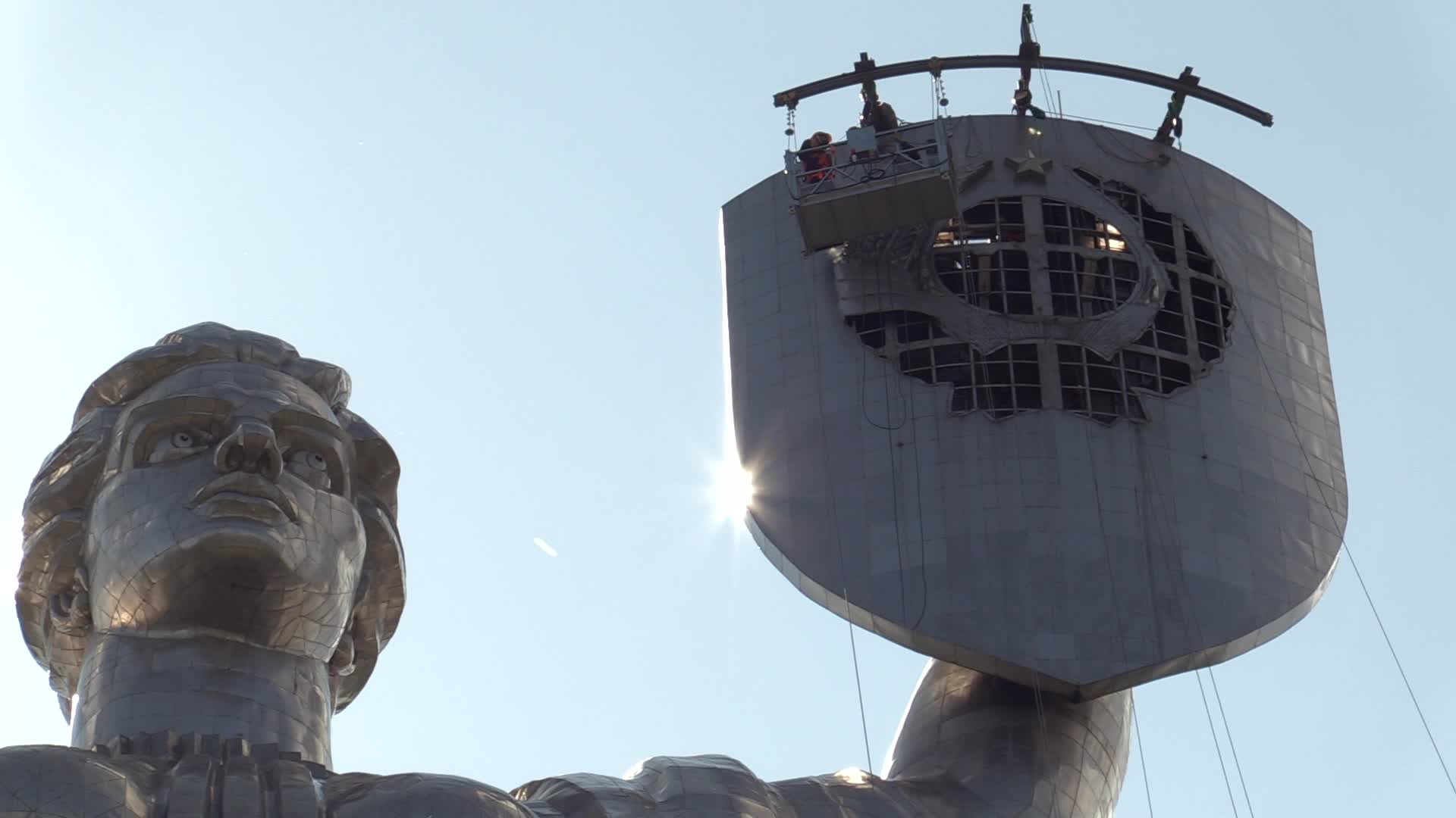 The Soviet coat of arms removed at the Motherland Monument in Kyiv, amid Russian invasion of Ukraine.