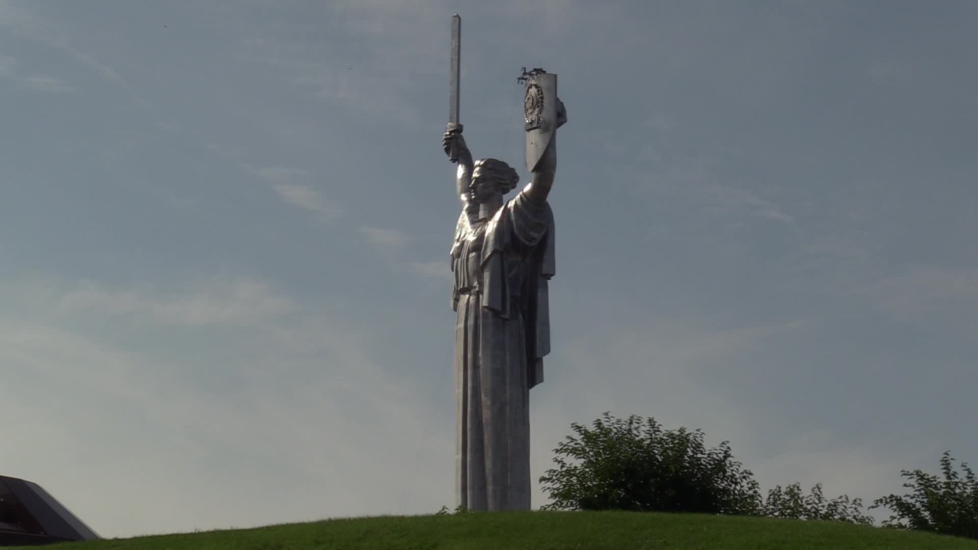 The Soviet coat of arms removed at the Motherland Monument in Kyiv, amid Russian invasion of Ukraine.