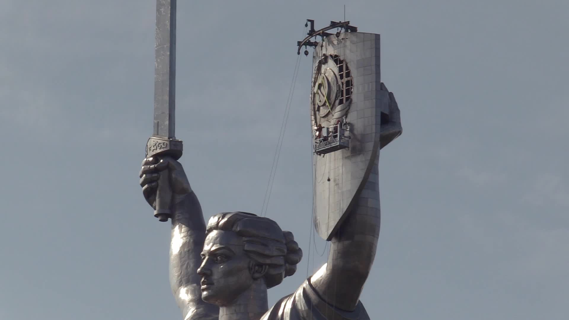 The Soviet coat of arms removed at the Motherland Monument in Kyiv, amid Russian invasion of Ukraine.