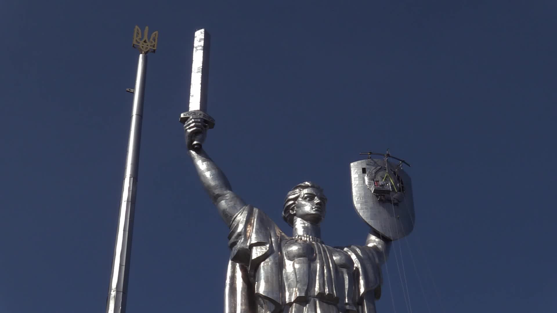 The Soviet coat of arms removed at the Motherland Monument in Kyiv, amid Russian invasion of Ukraine.