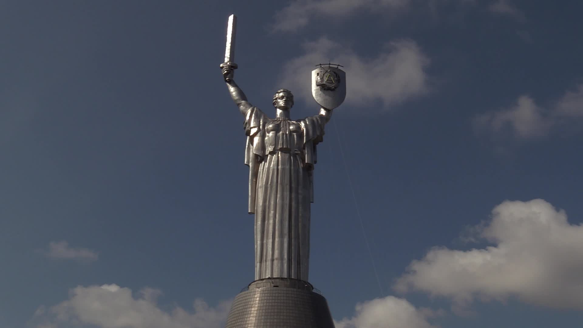The Soviet coat of arms removed at the Motherland Monument in Kyiv, amid Russian invasion of Ukraine.