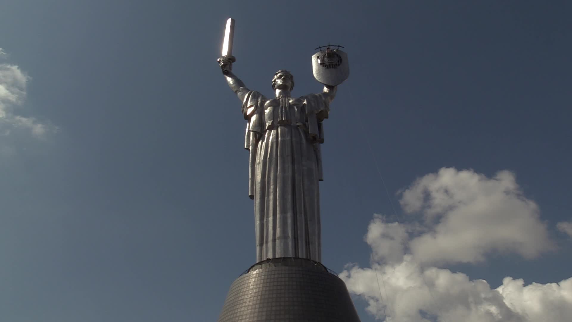 The Soviet coat of arms removed at the Motherland Monument in Kyiv, amid Russian invasion of Ukraine.