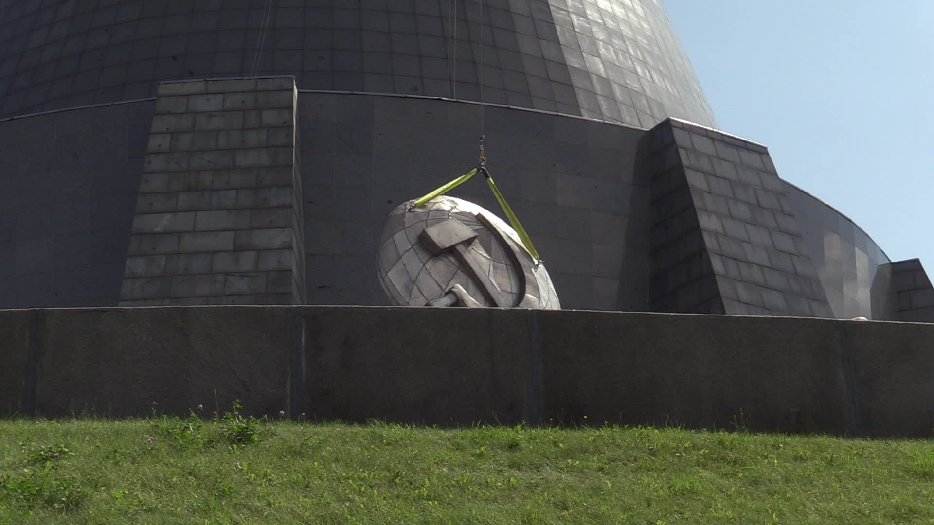 The Soviet coat of arms removed at the Motherland Monument in Kyiv, amid Russian invasion of Ukraine.