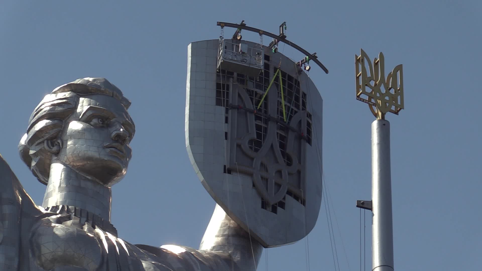 Ukrainian trident replace of the former Soviet emblem on the Motherland Monument in Kyiv, amid Russian invasion of Ukraine.