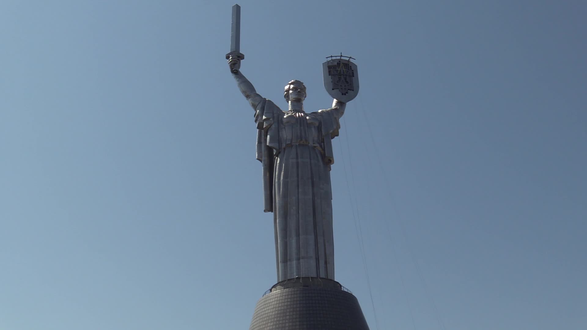 Ukrainian trident replace of the former Soviet emblem on the Motherland Monument in Kyiv, amid Russian invasion of Ukraine.