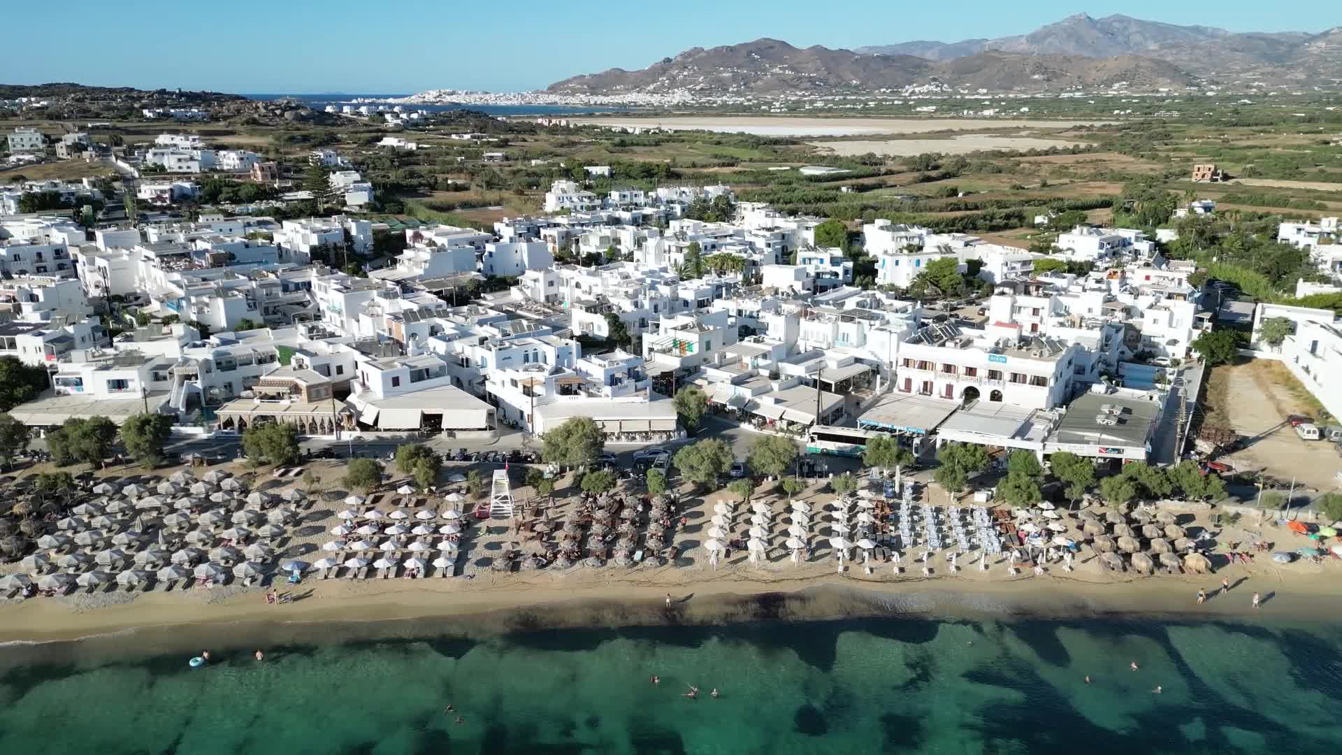 Drone View Of Prokopi sandy beach in Naxos Island