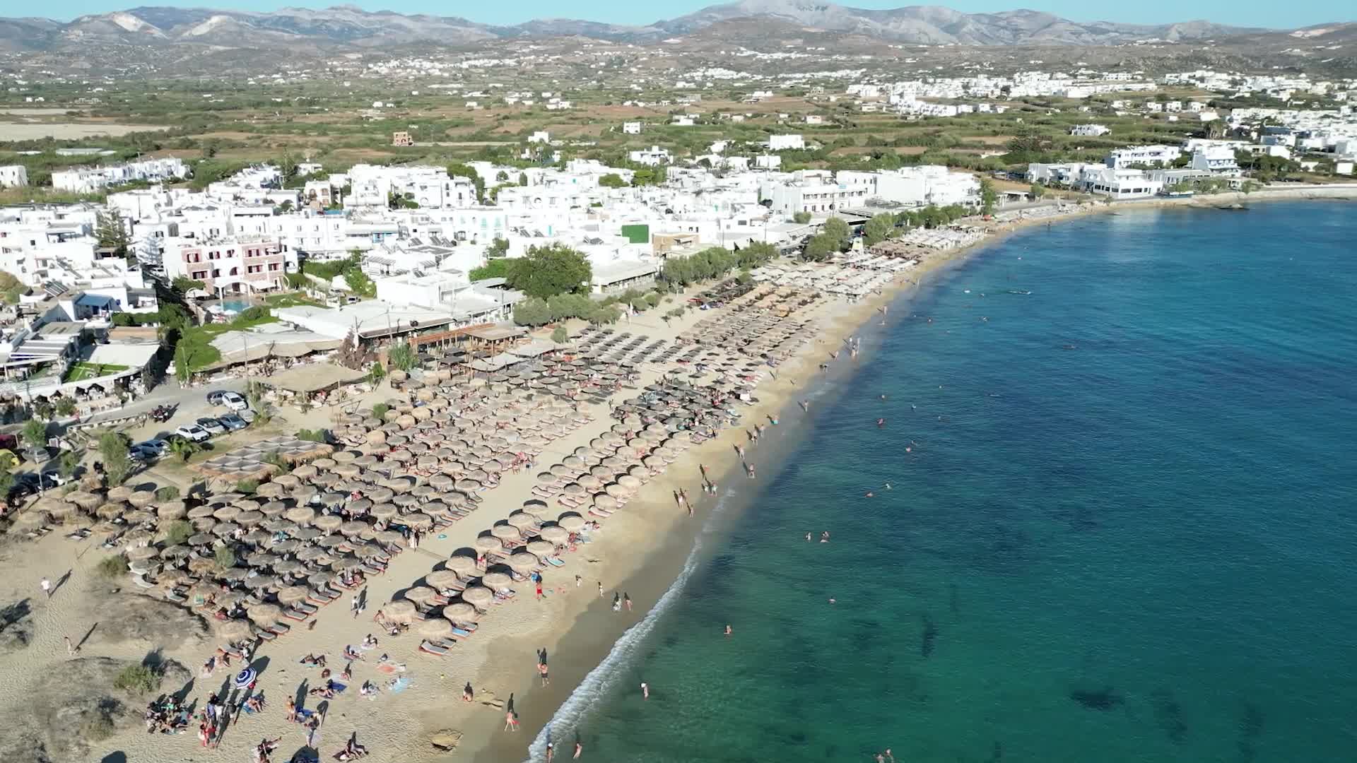 Drone View Of Prokopi sandy beach in Naxos Island