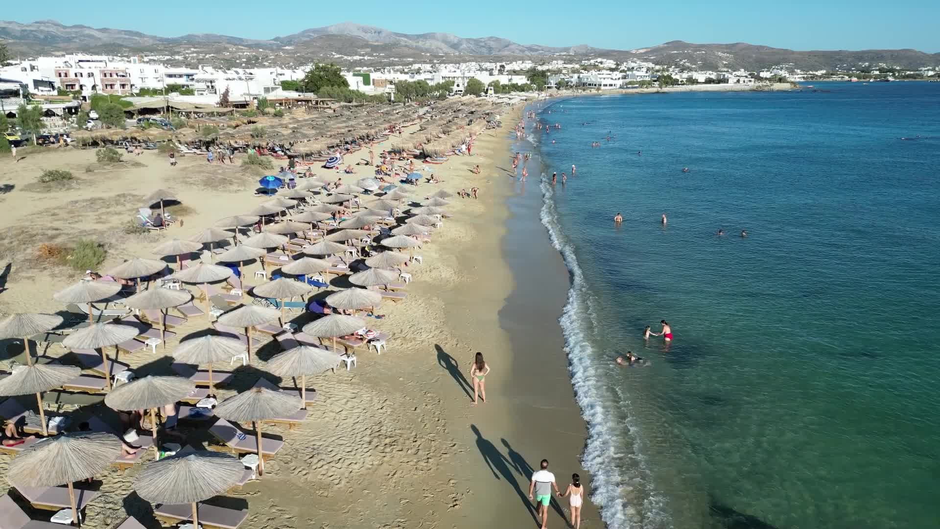 Drone View Of Prokopi sandy beach in Naxos Island