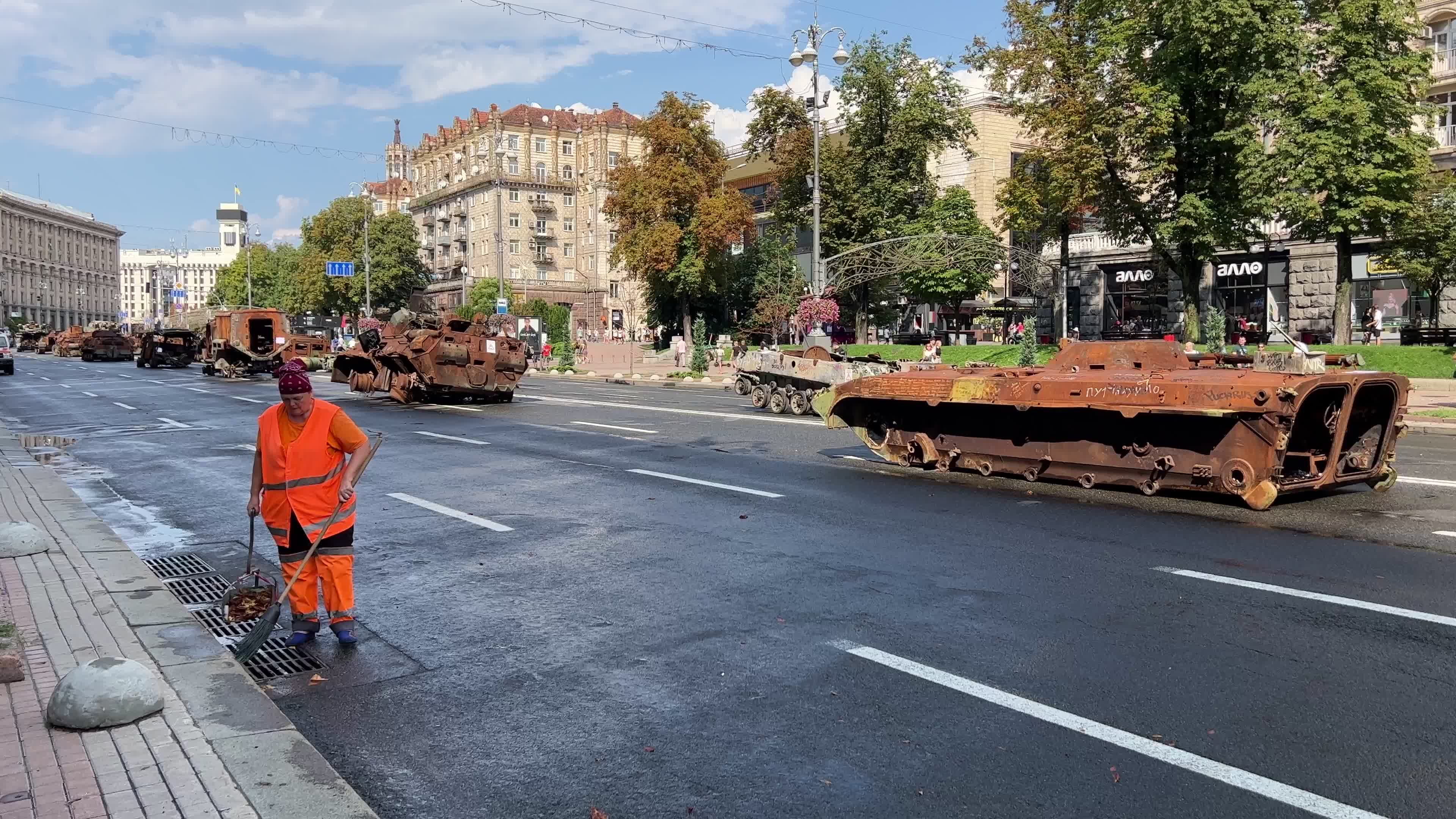 Destroyed russian military vehicles on Khreshchatyk street in center of Kyiv 