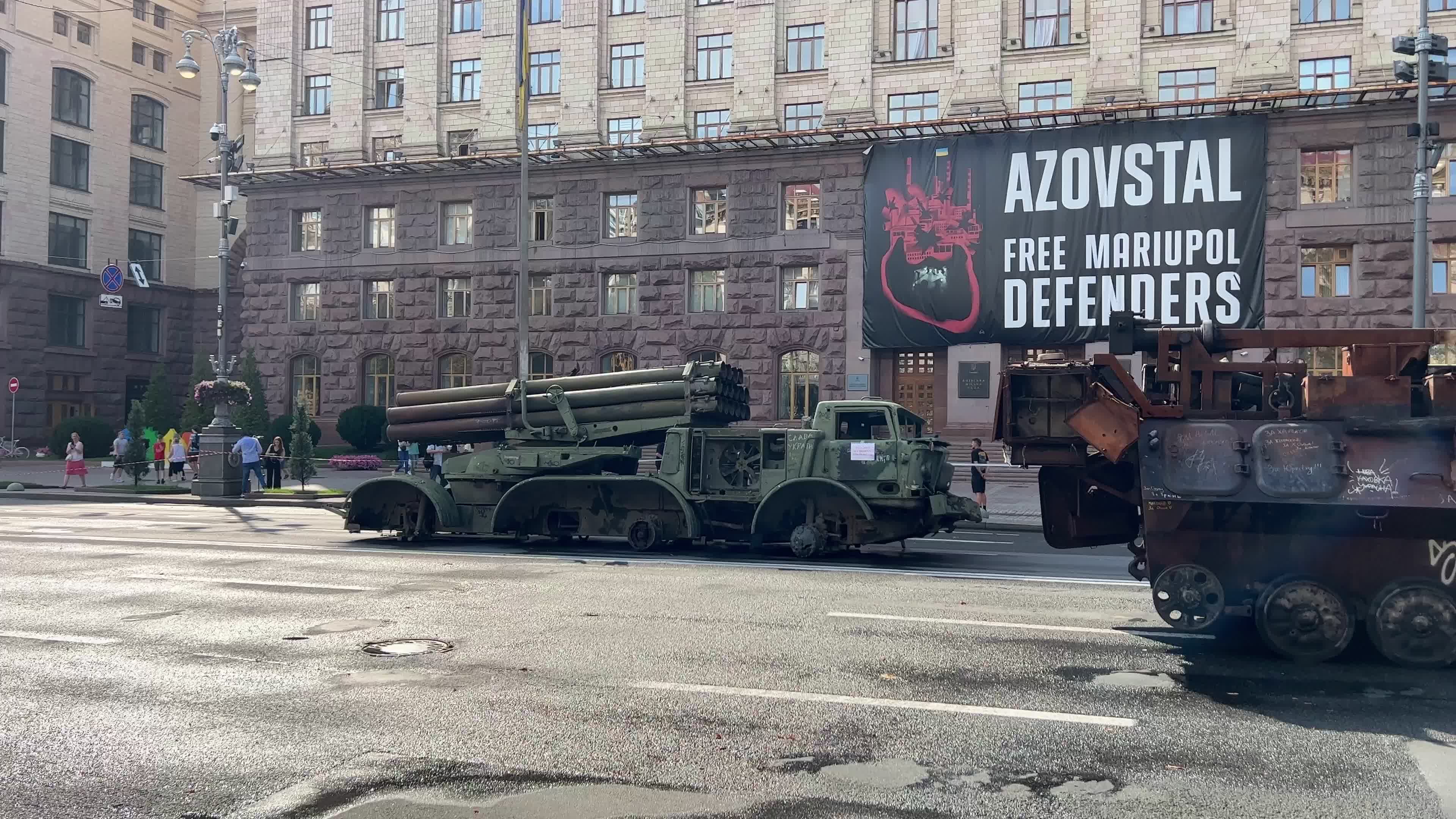 Destroyed russian military vehicles on Khreshchatyk street in center of Kyiv 