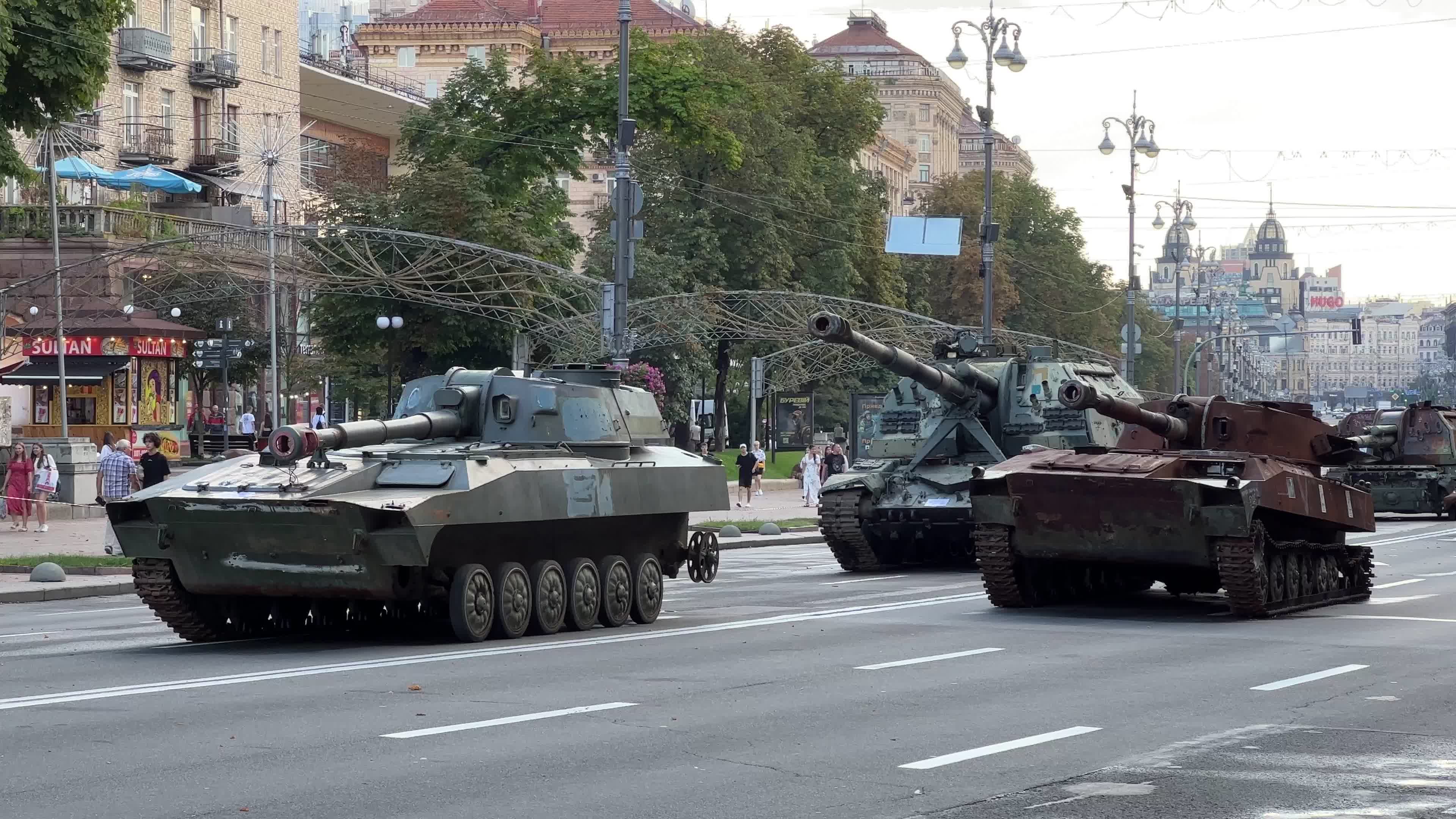 Destroyed russian military vehicles on Khreshchatyk street in center of Kyiv 