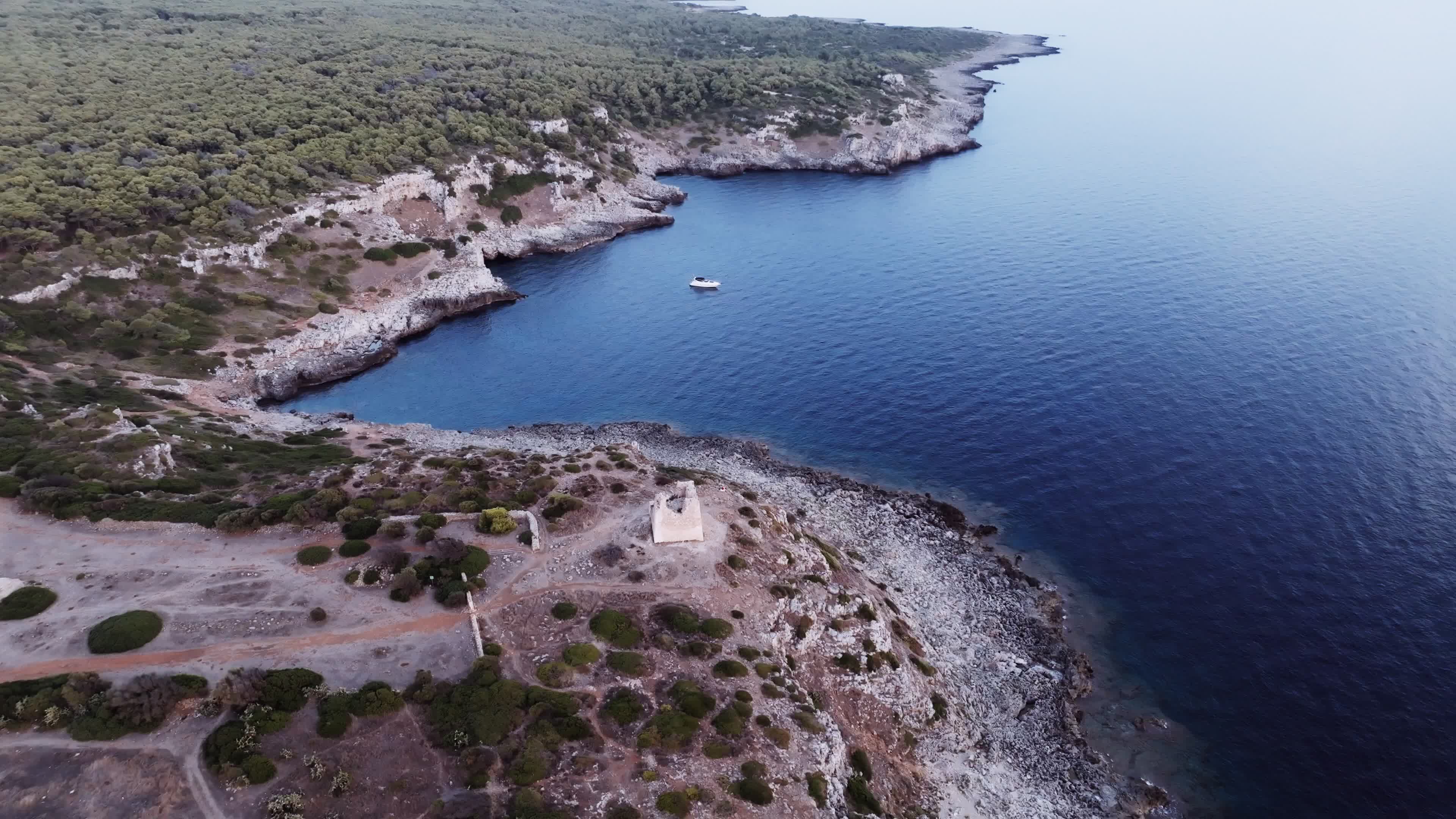 Drone view of historic Torre Uluzzo, Salento