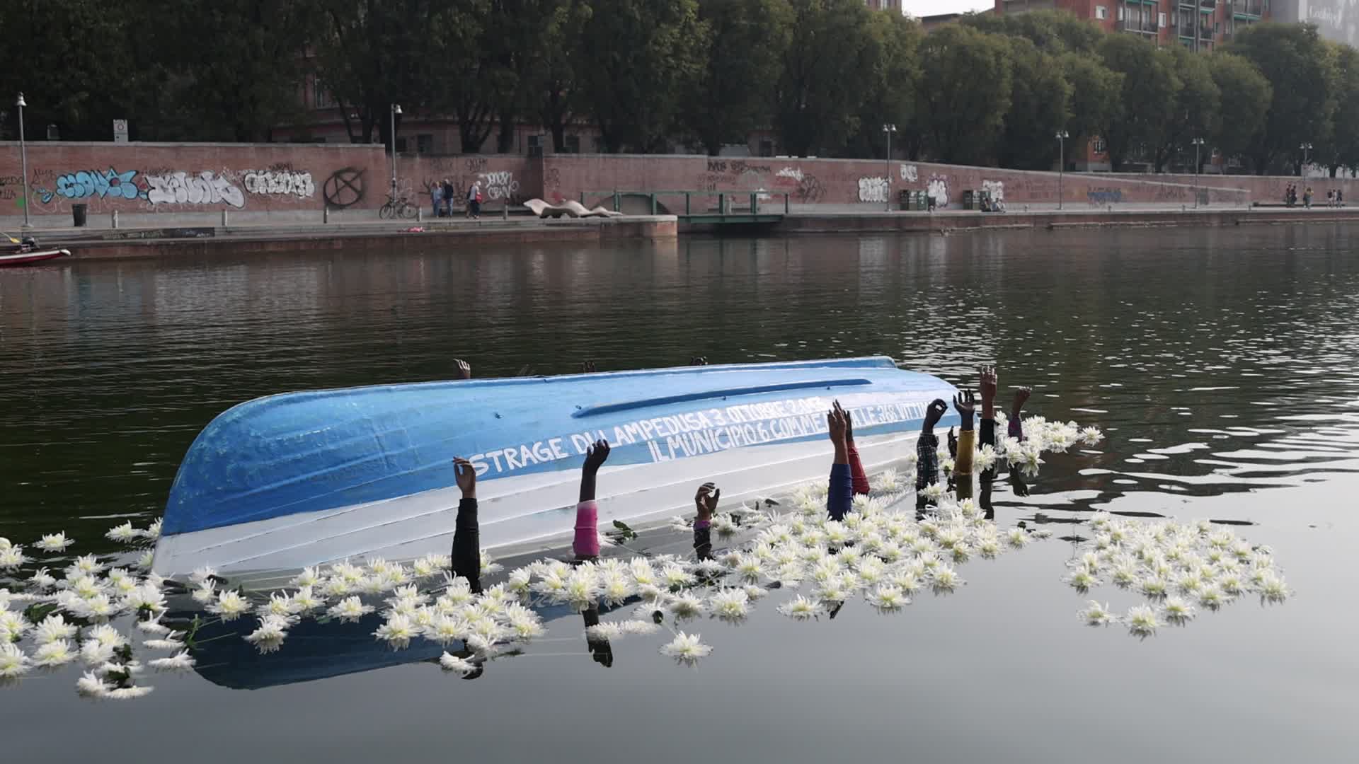 The installation in Milan to commemorate the Lampedusa shipwreck of 3 October 2013 in which 368 migrants died at sea