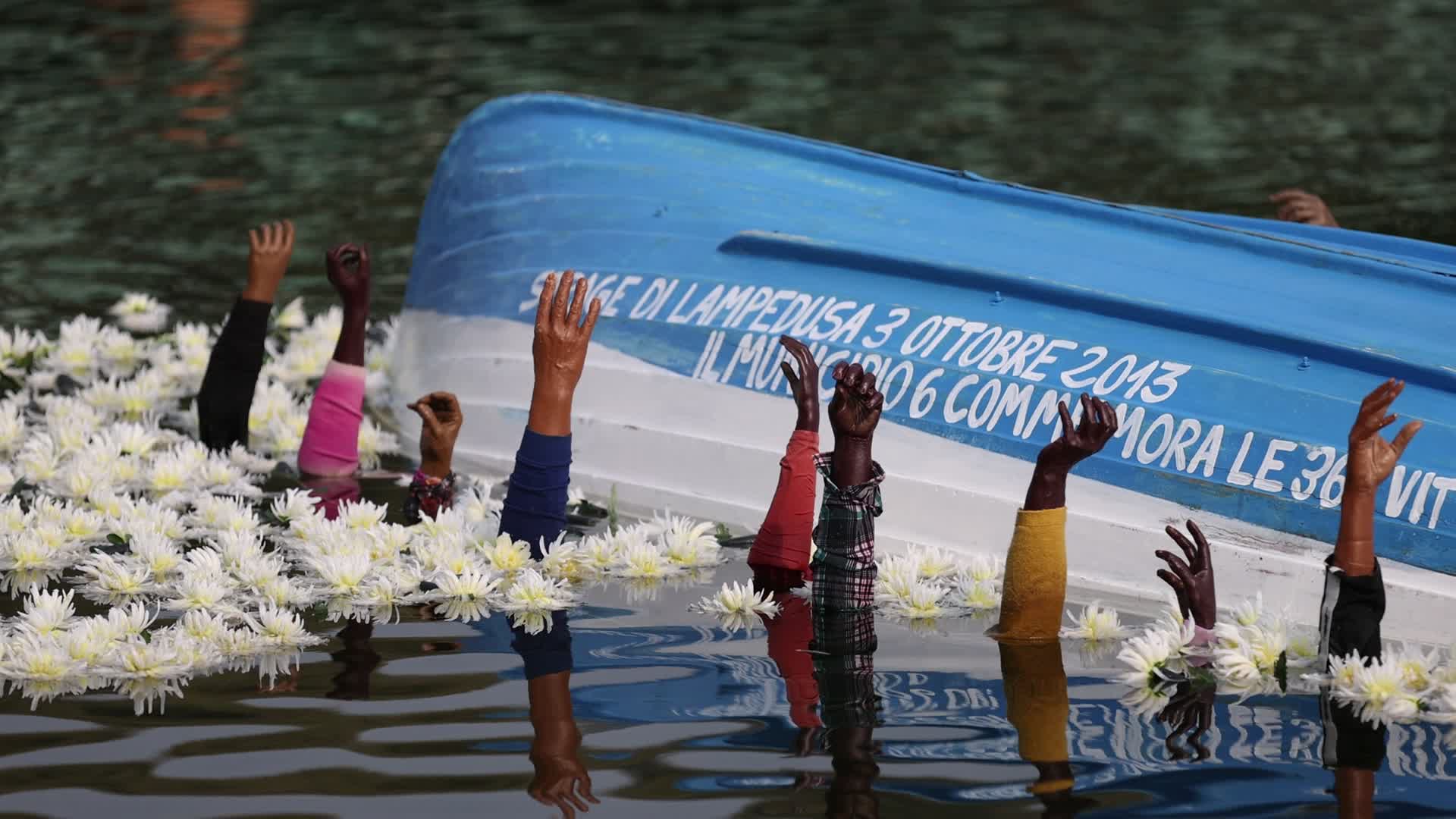 The installation in Milan to commemorate the Lampedusa shipwreck of 3 October 2013 in which 368 migrants died at sea