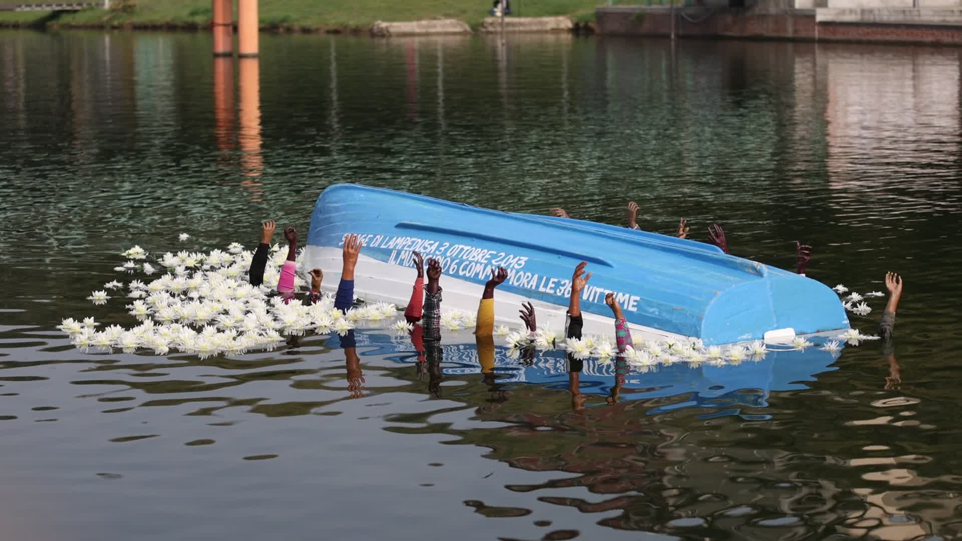 The installation in Milan to commemorate the Lampedusa shipwreck of 3 October 2013 in which 368 migrants died at sea