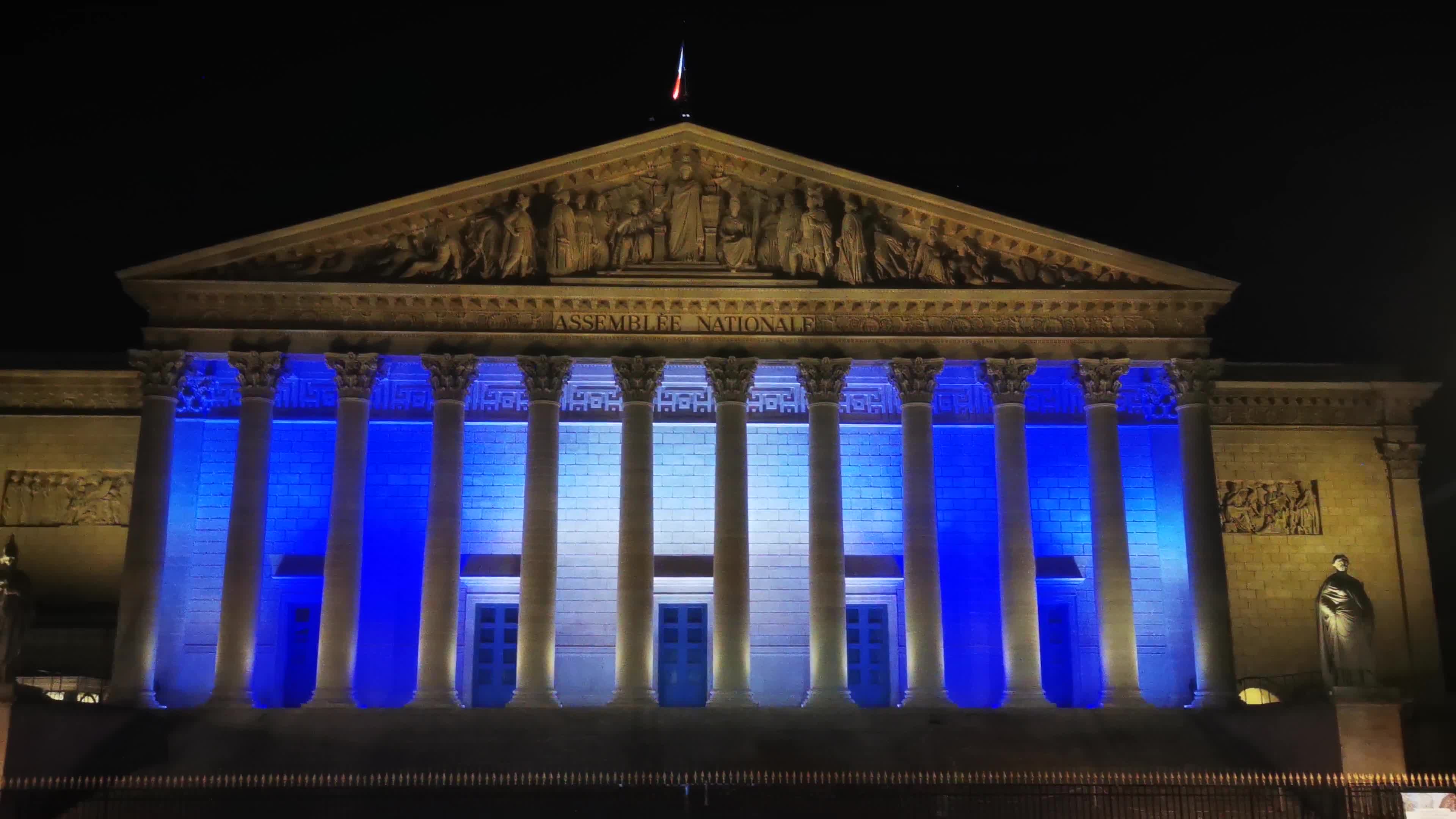 The French National Assembly illuminated in the colours of the national flag of Israel