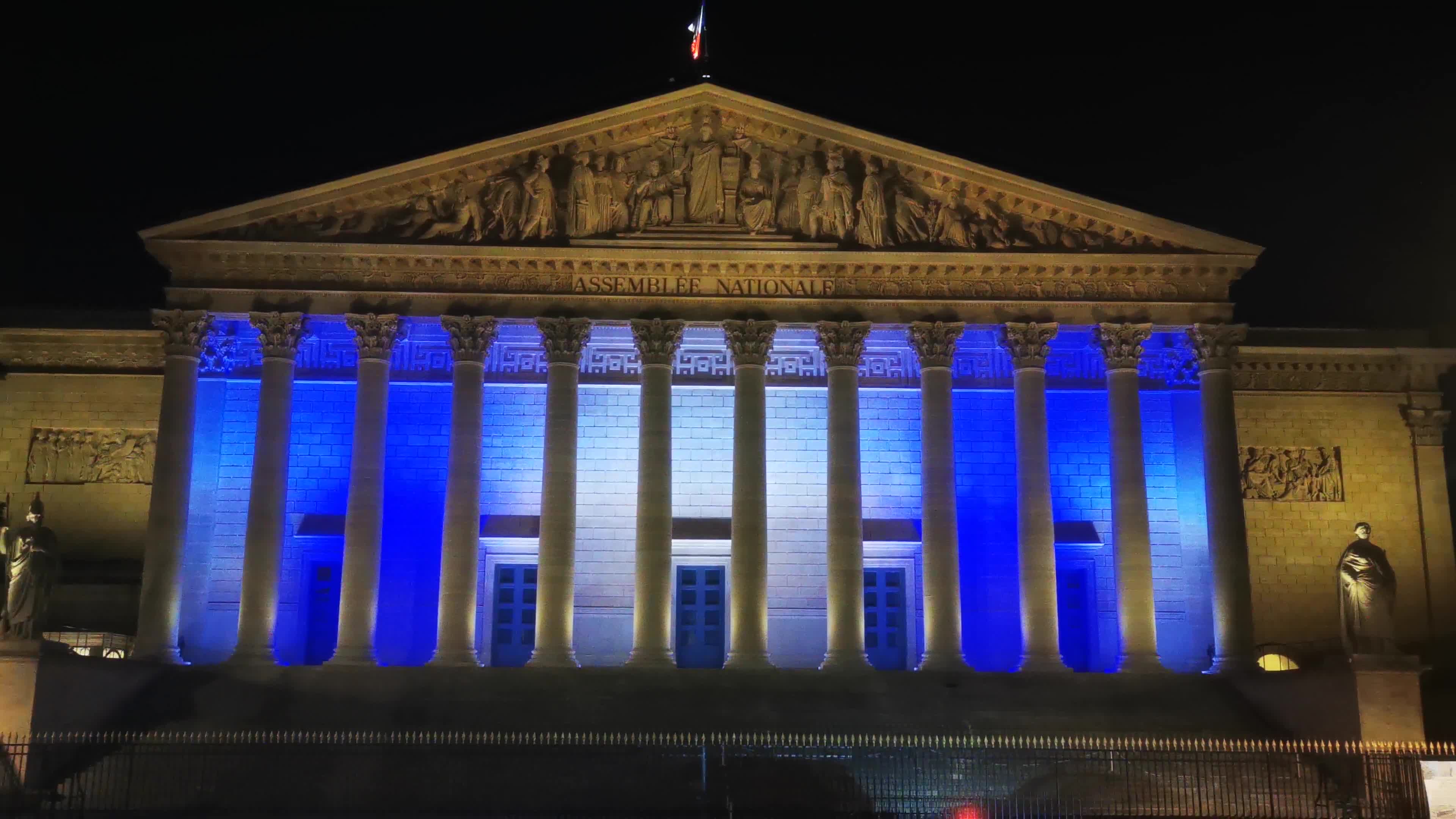 The French National Assembly illuminated in the colours of the national flag of Israel