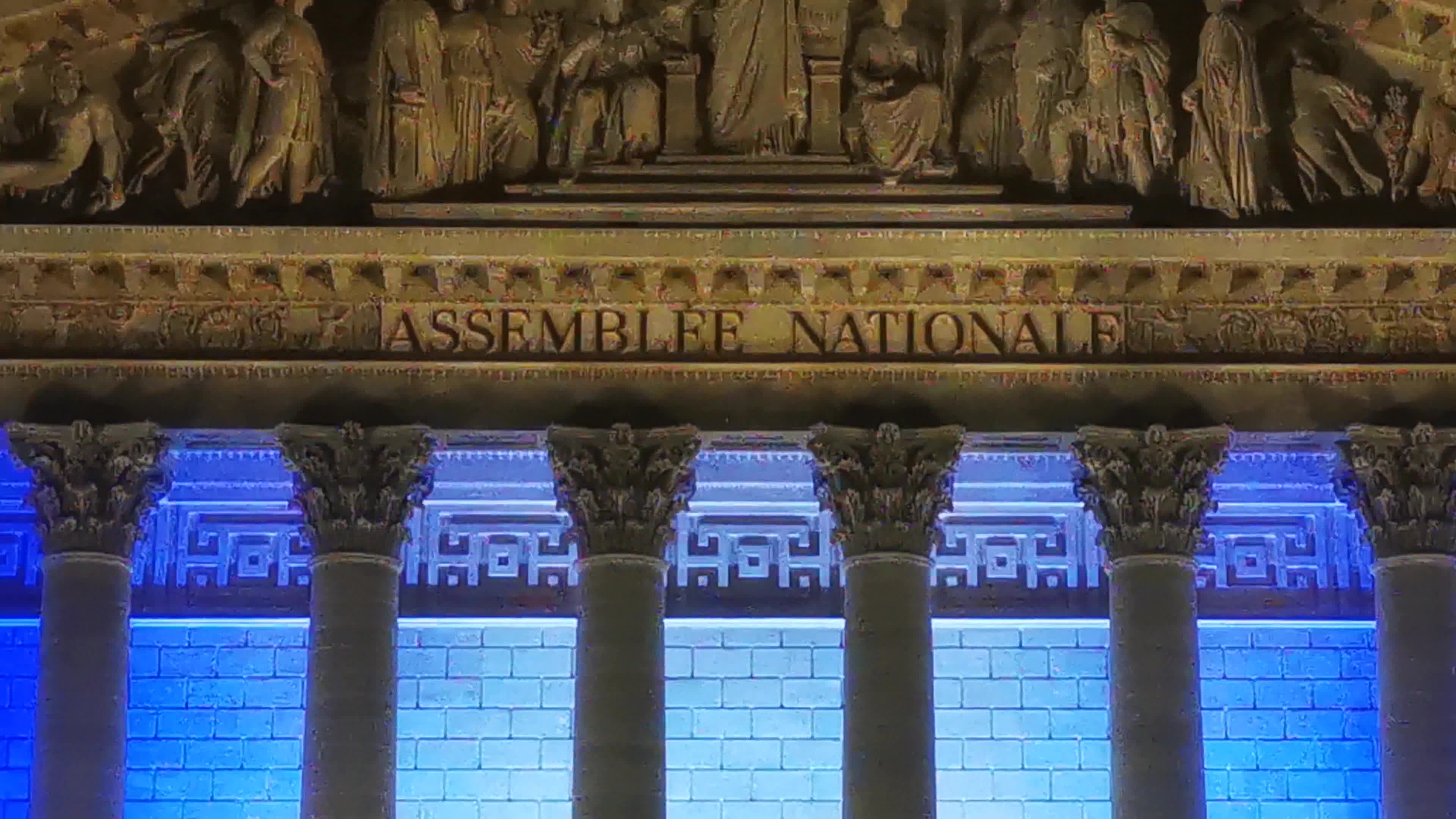 The French National Assembly illuminated in the colours of the national flag of Israel