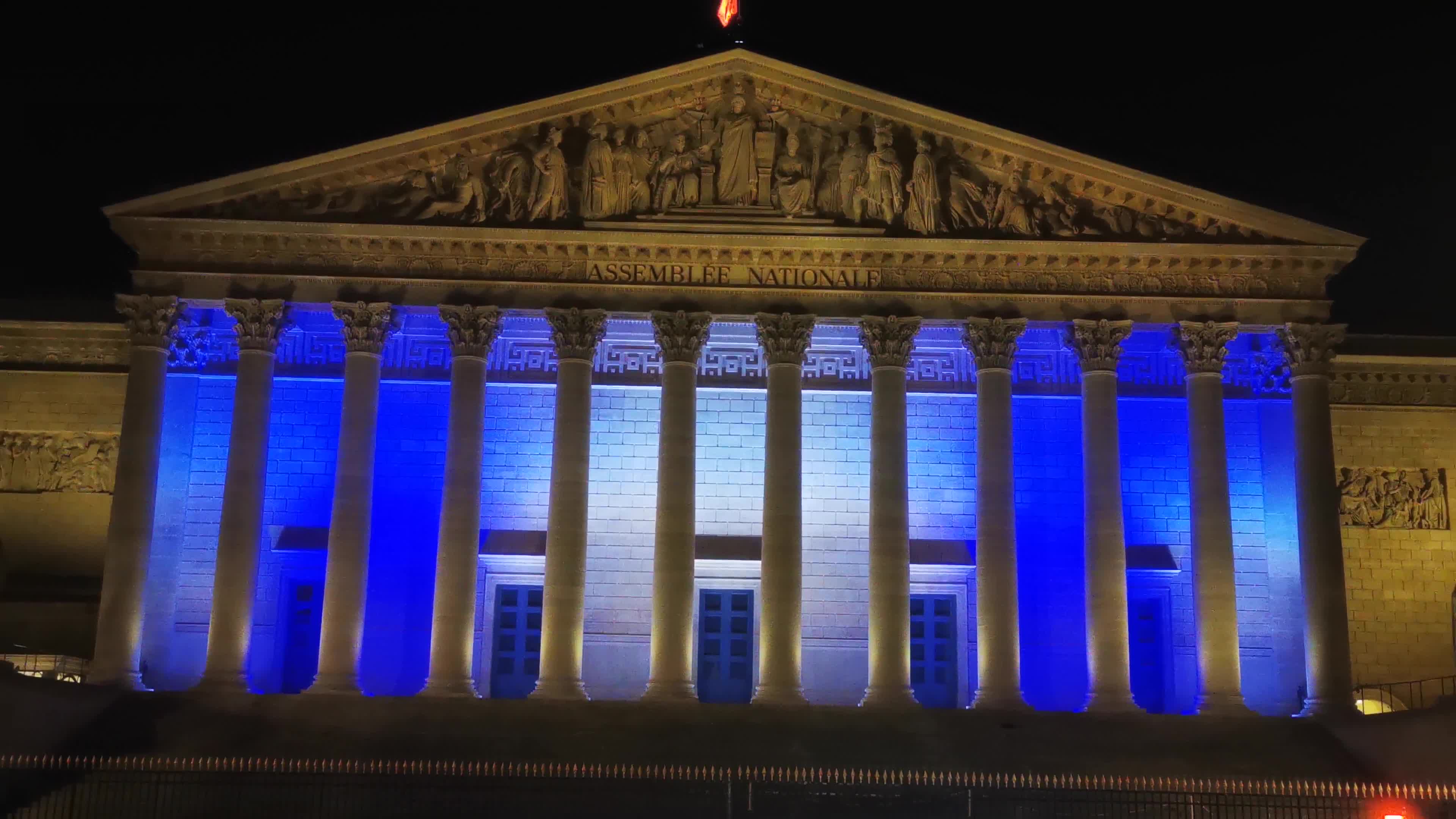 The French National Assembly illuminated in the colours of the national flag of Israel