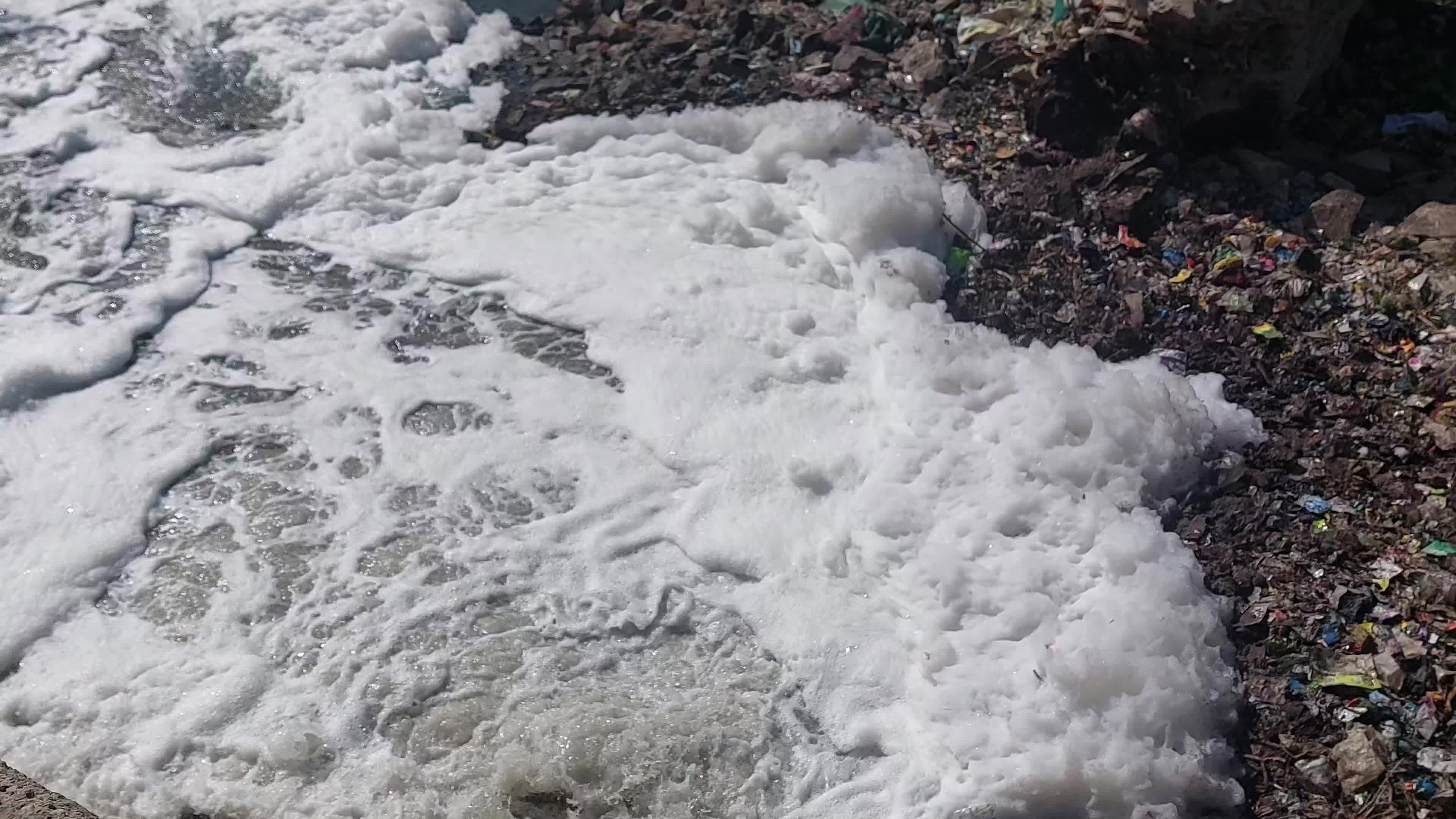 Waters coated with polluted foam in India.