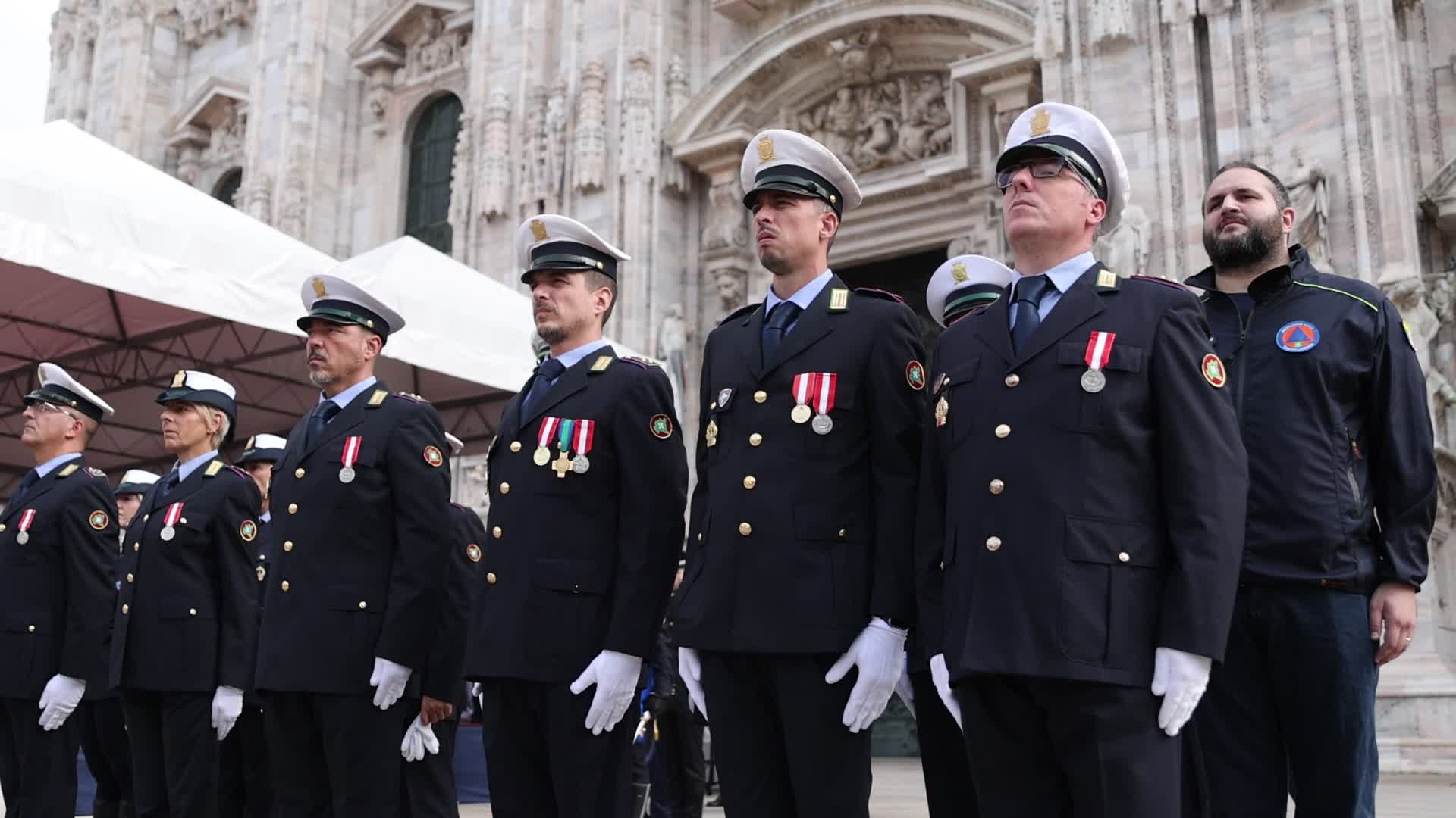 The celebration for the 163rd anniversary of the foundation of the Local Police Corps in Piazza Duomo in Milan