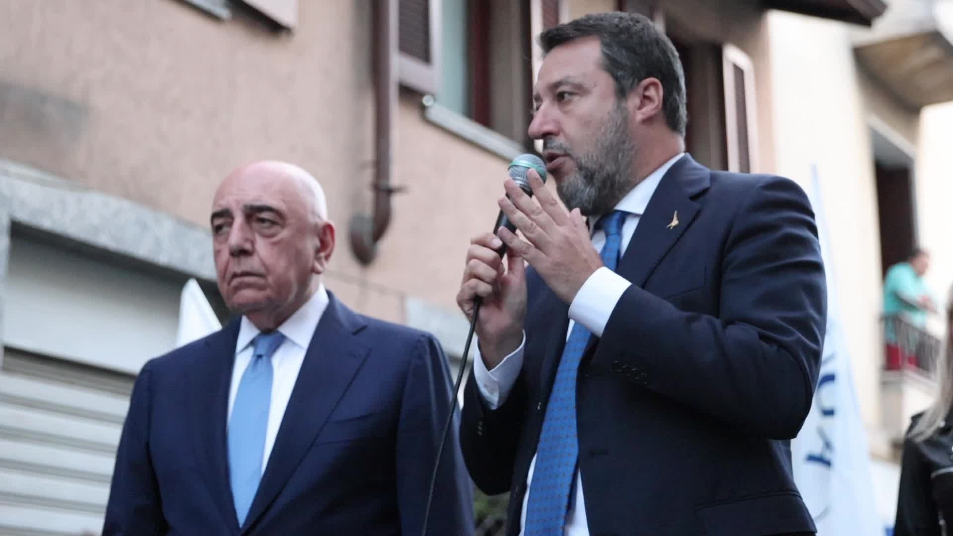 Matteo Salvini and Adriano Galliani attend a rally for the Senate of the Republic by-election of Monza in Concorezzo