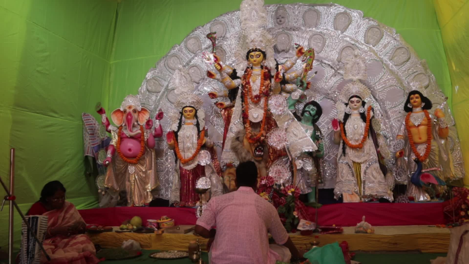 Durga idol is being worshiped at pandal 