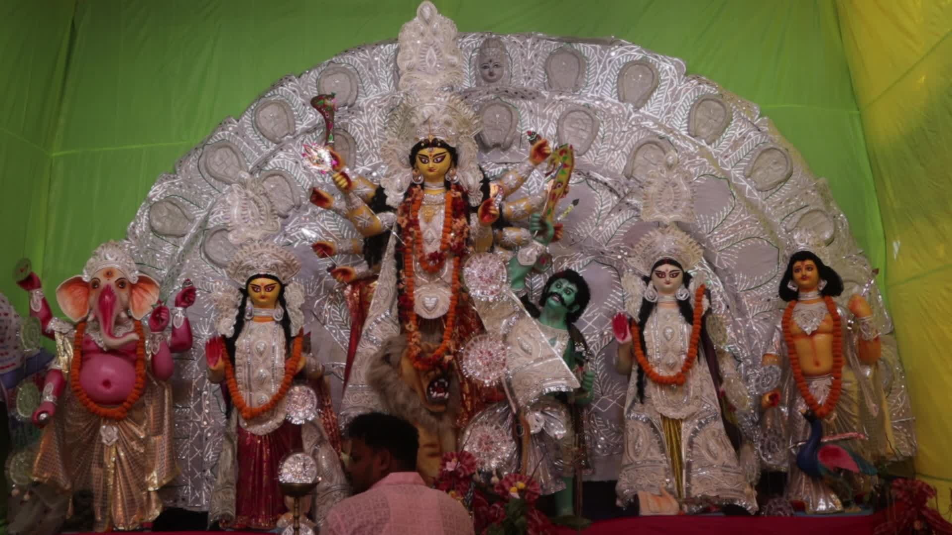 Durga idol is being worshiped at pandal 