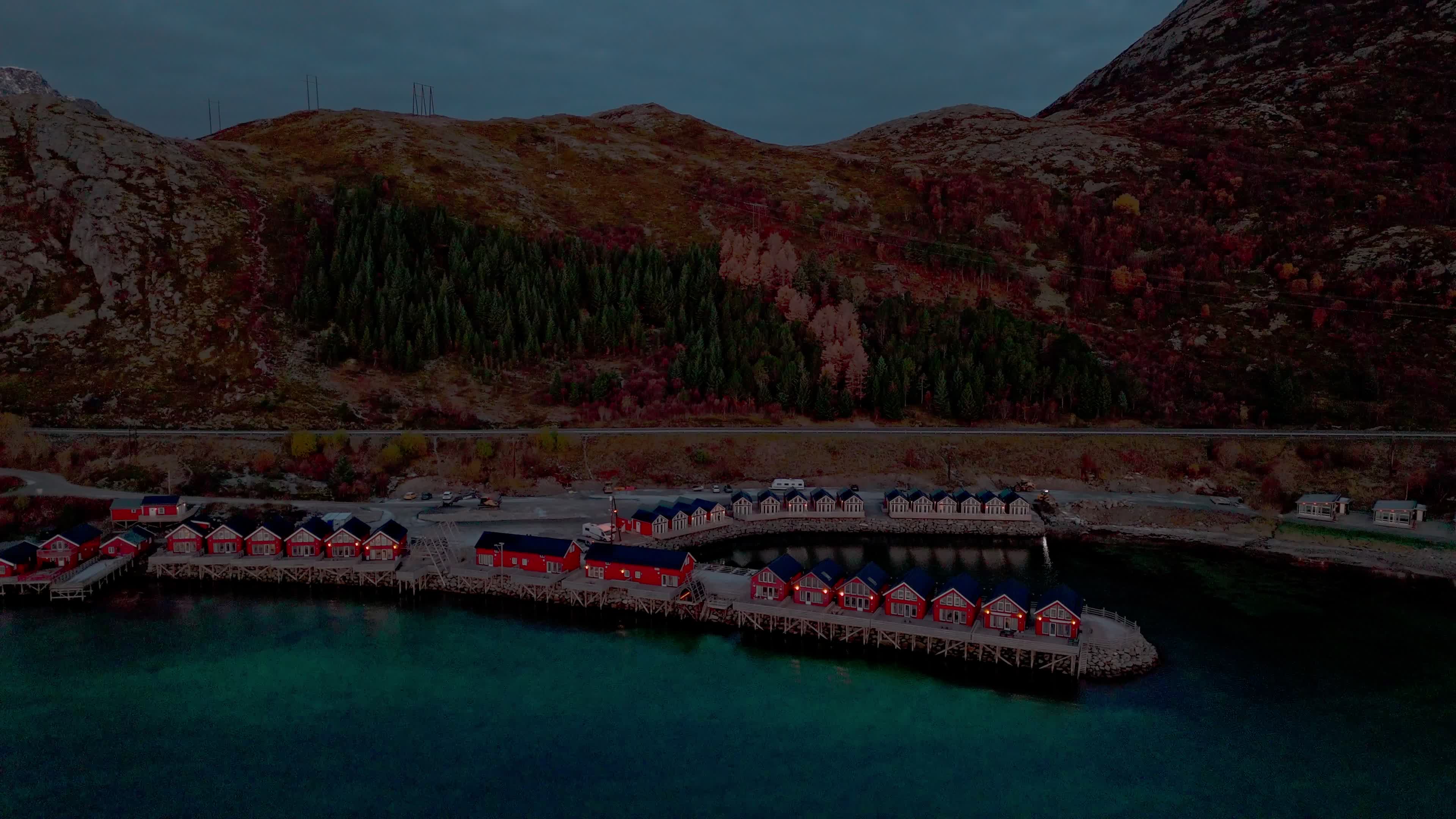 Aerial View Of Traditional Rorbuer At Sunrise in The Lofoten Islands