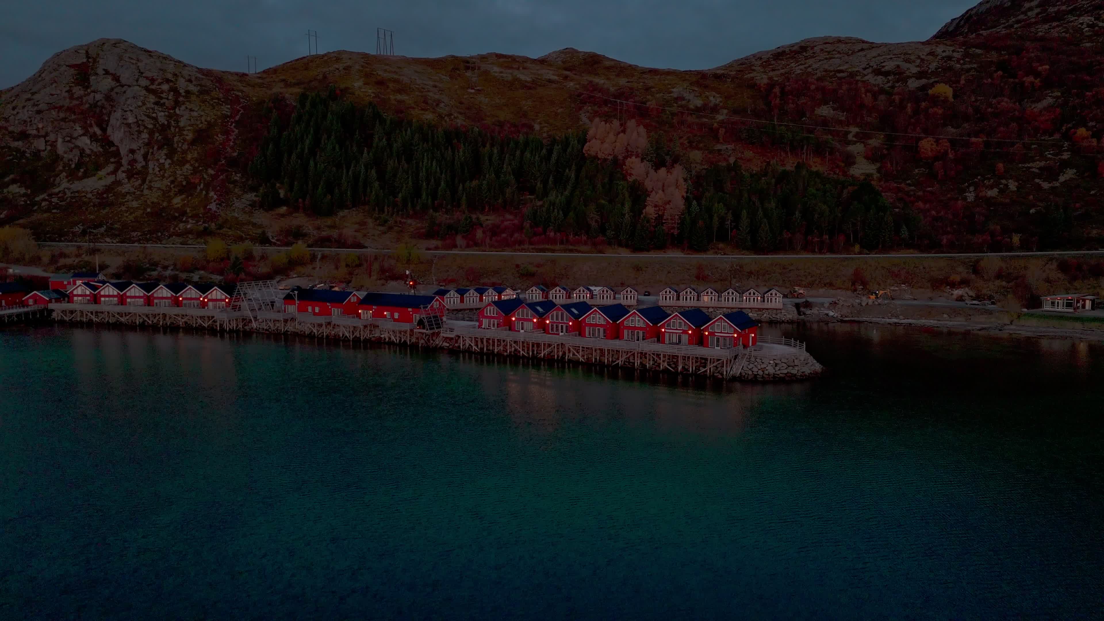 Aerial View Of Traditional Rorbuer At Sunrise in The Lofoten Islands