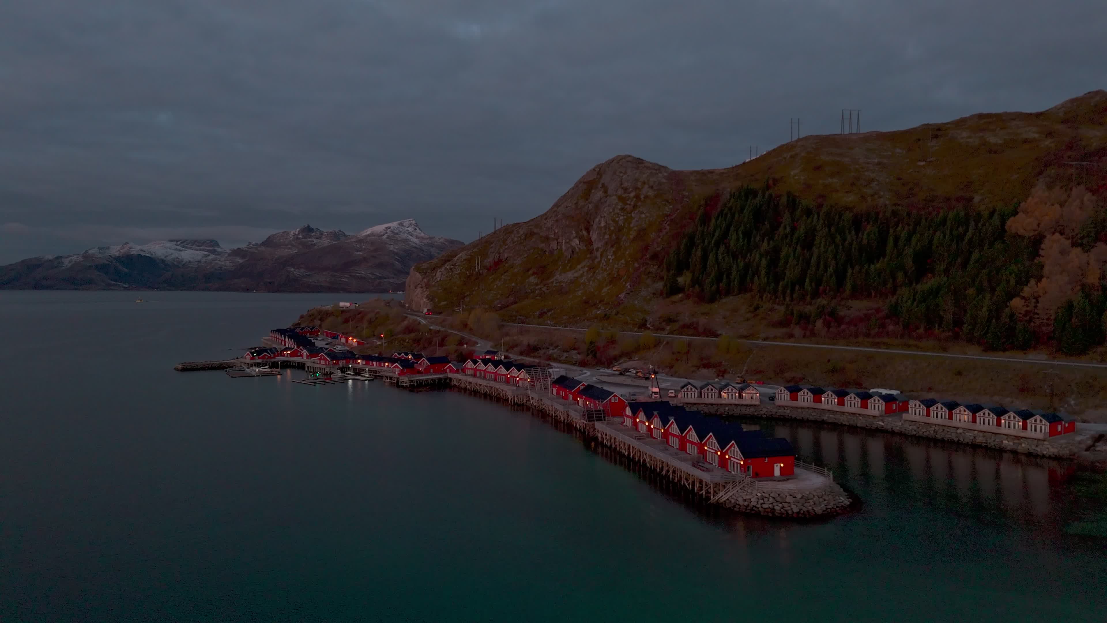 Aerial View Of Traditional Rorbuer At Sunrise in The Lofoten Islands