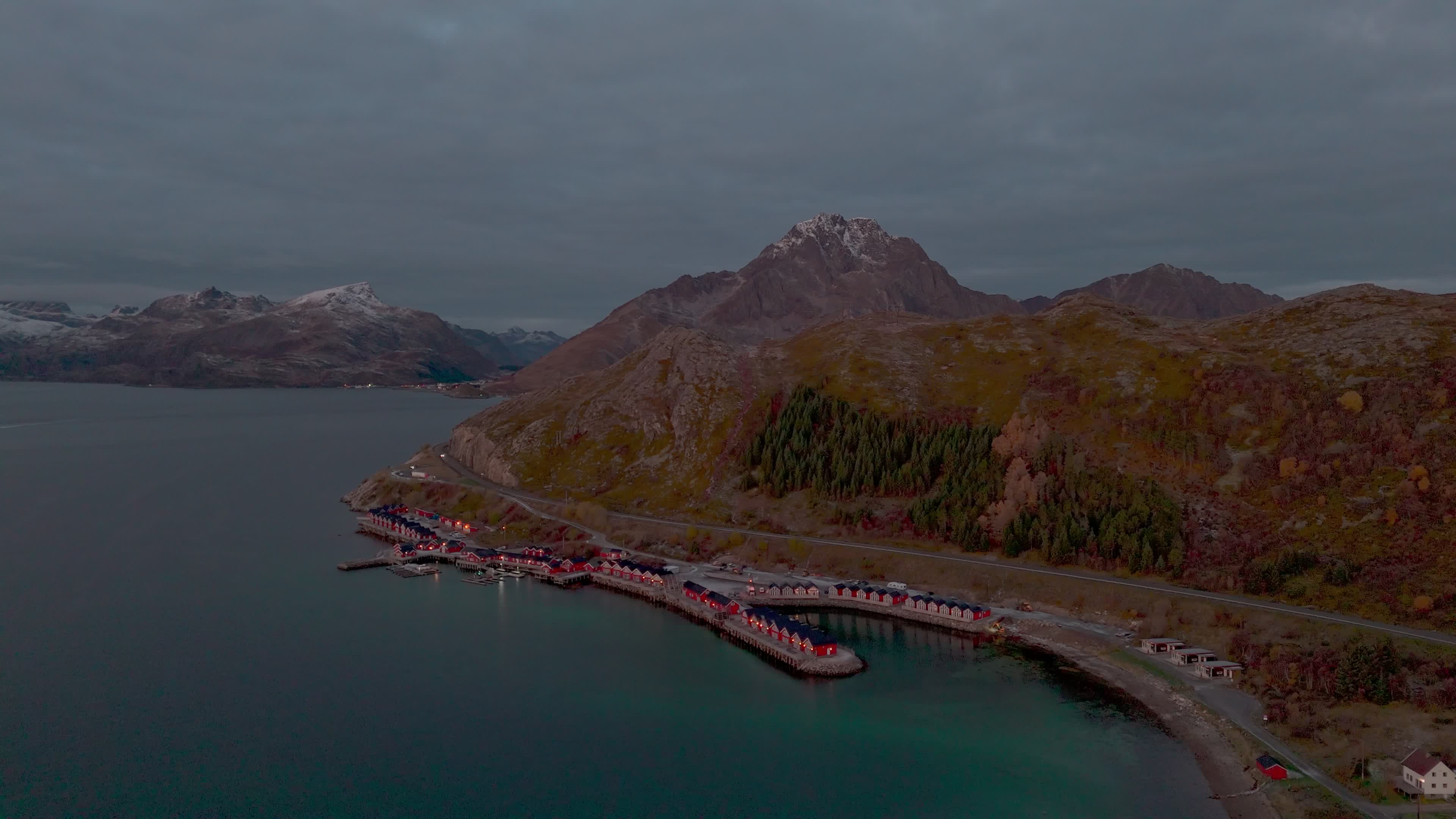 Aerial View Of Traditional Rorbuer At Sunrise in The Lofoten Islands