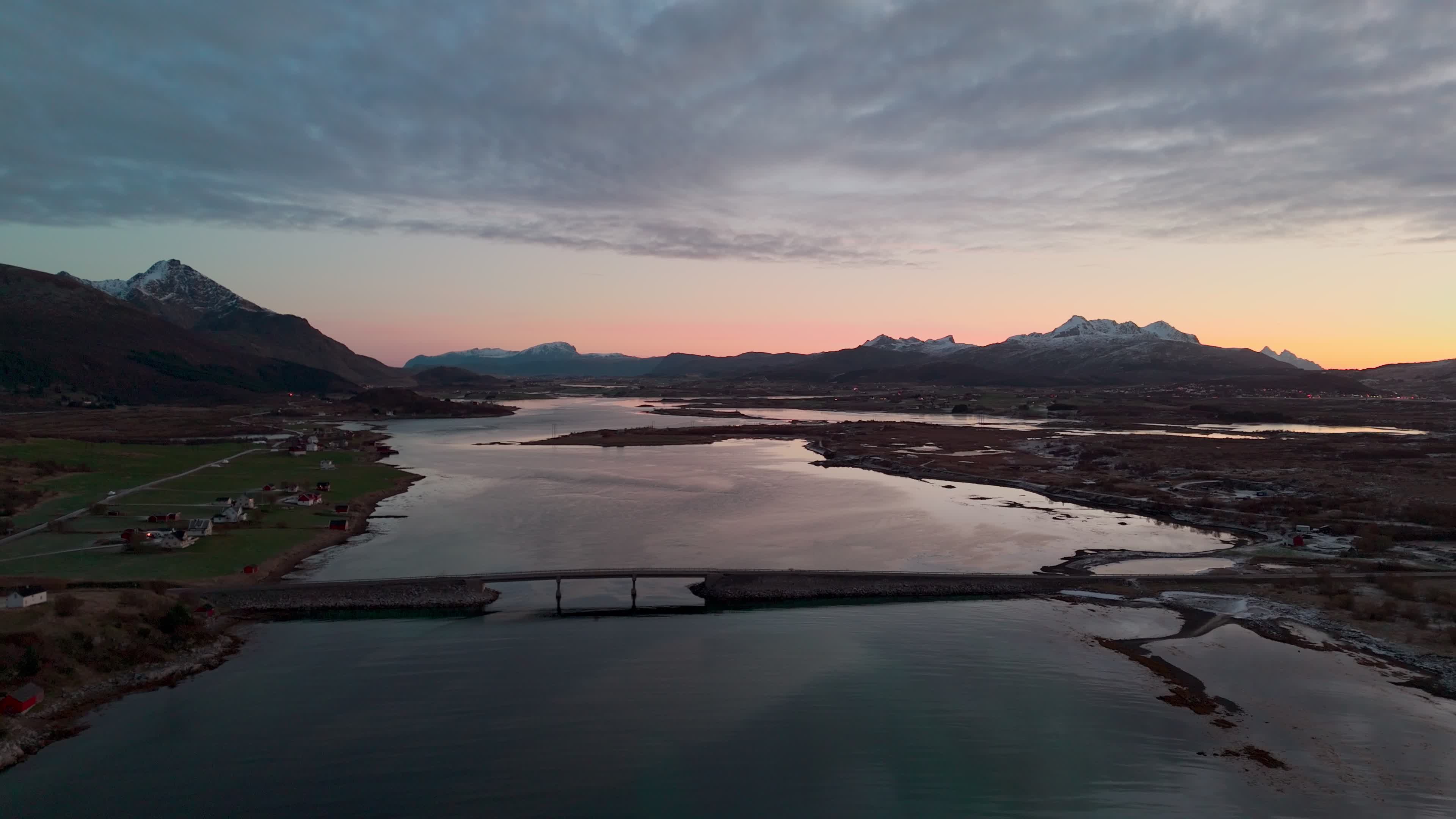 Aerial View Of Traditional Rorbuer At Sunrise in The Lofoten Islands