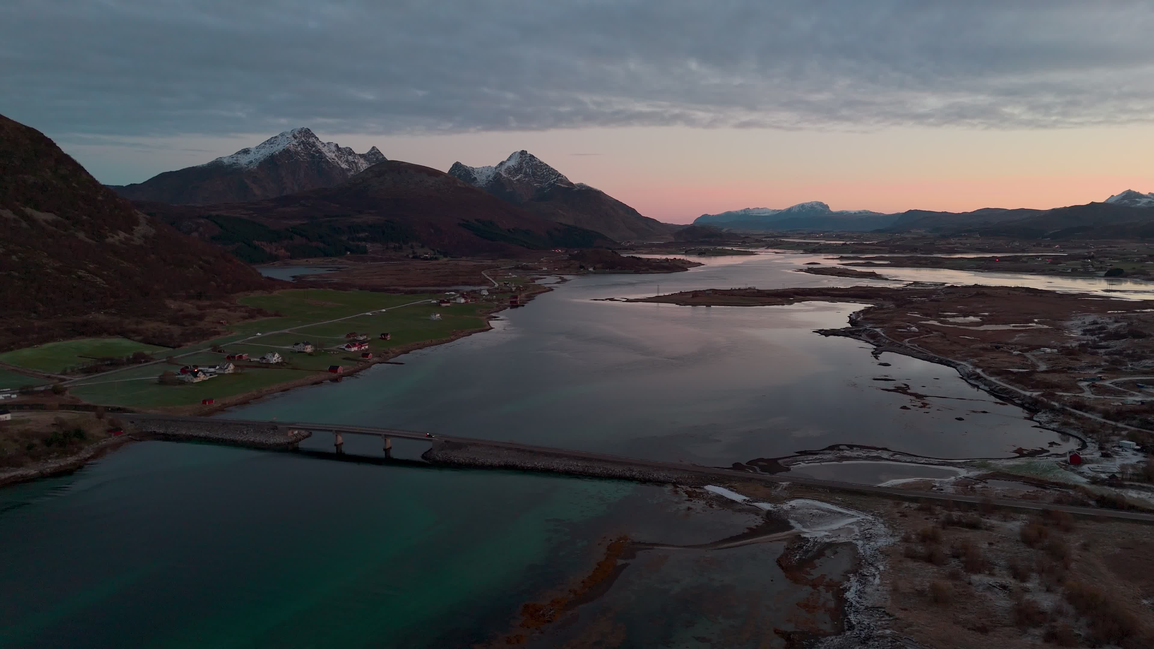 Aerial View Of Traditional Rorbuer At Sunrise in The Lofoten Islands
