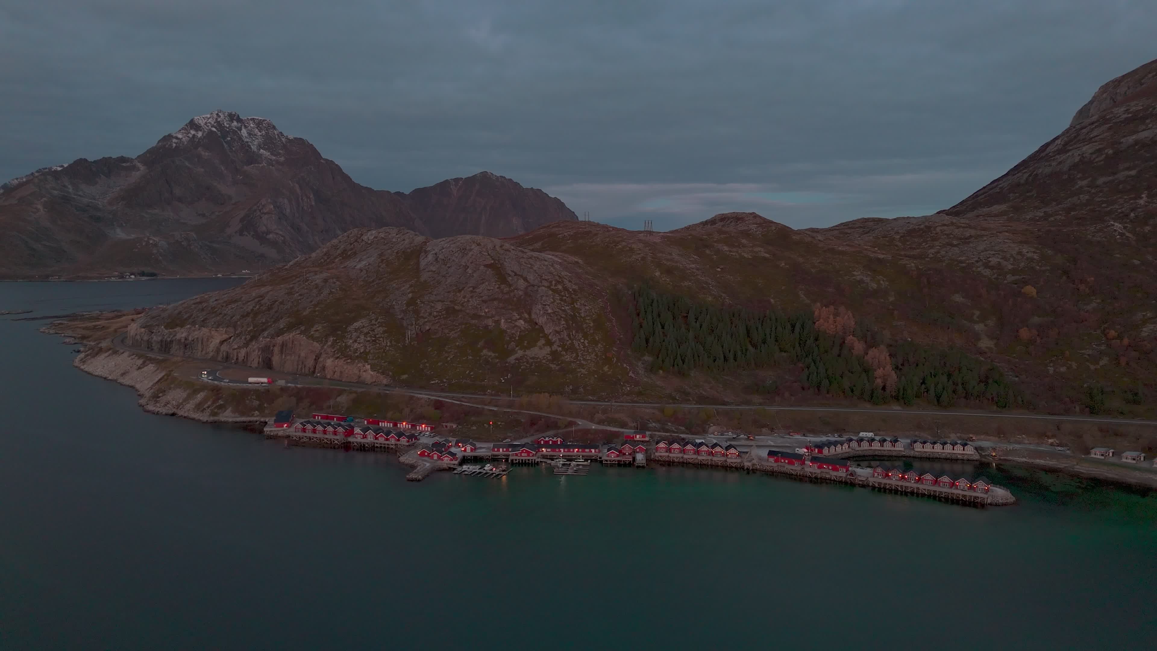 Aerial View Of Traditional Rorbuer At Sunrise in The Lofoten Islands