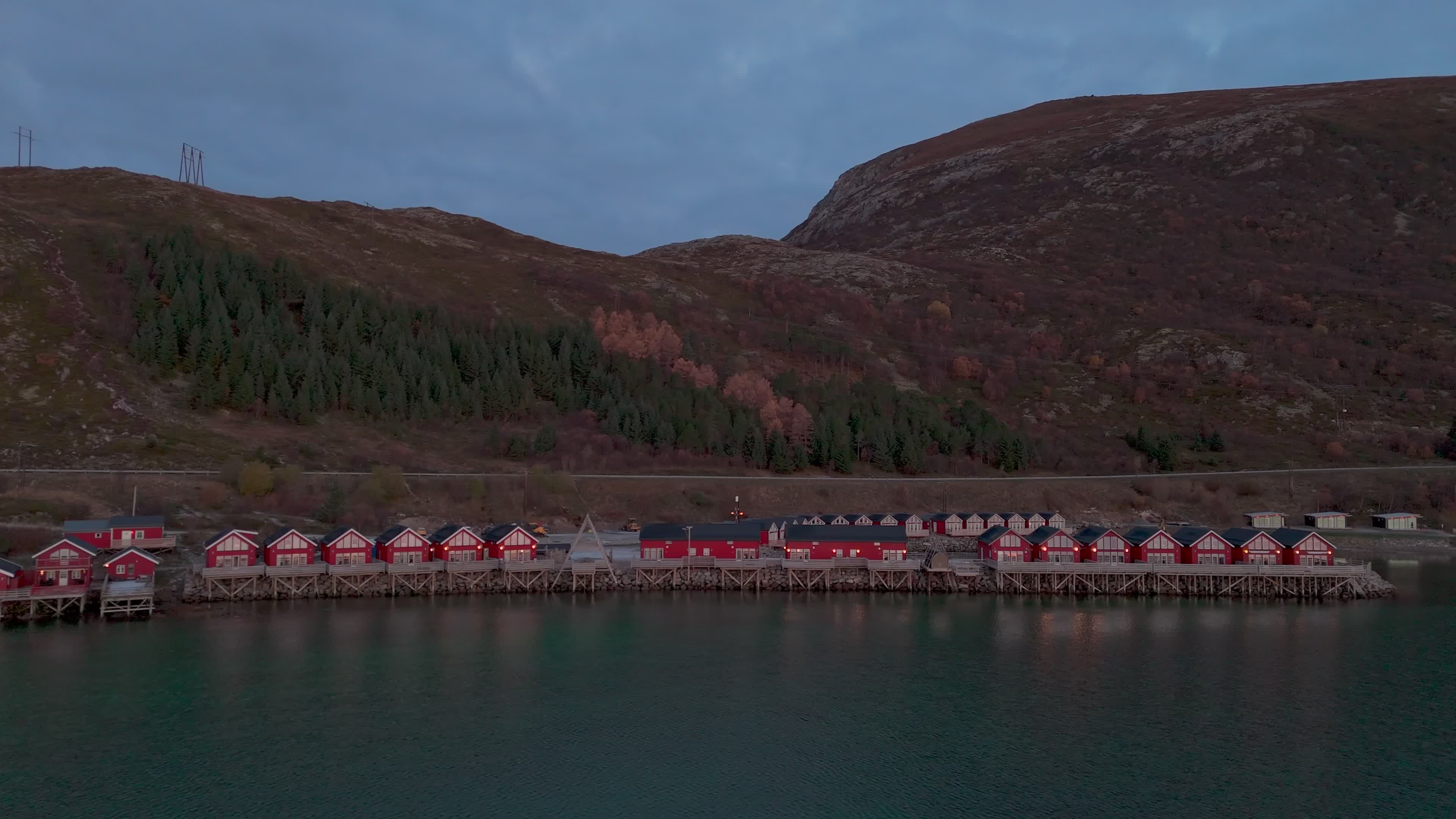 Aerial View Of Traditional Rorbuer At Sunrise in The Lofoten Islands