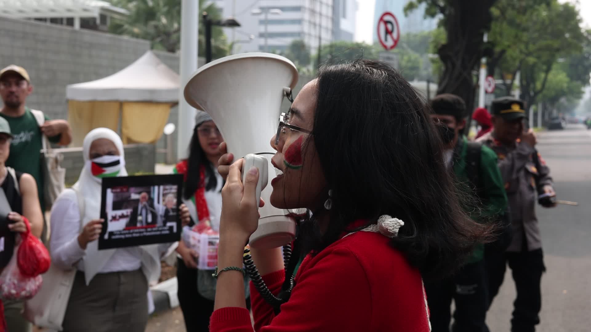 Pro-Palestinian Solidarity Protest in front of U.S Embassy building at Jakarta, Indonesia