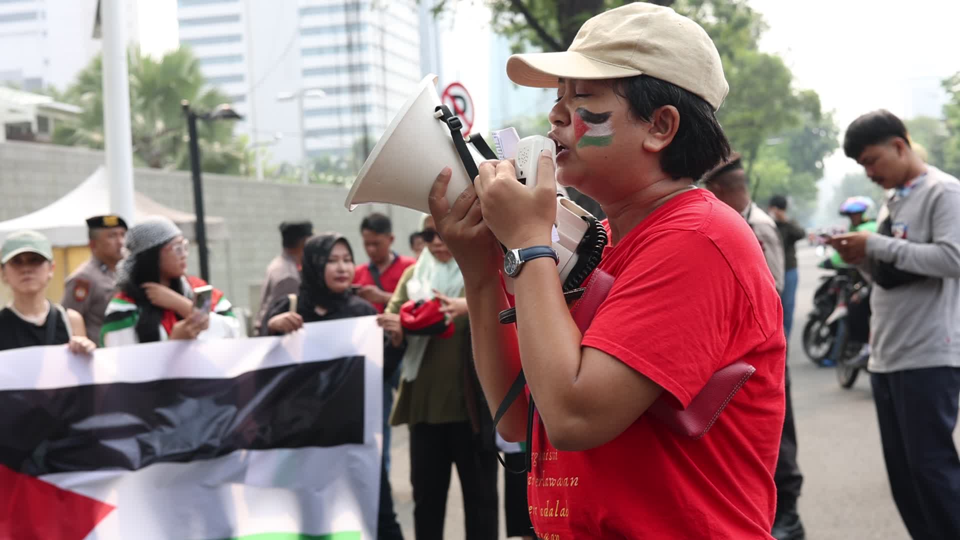 Pro-Palestinian Solidarity Protest in front of U.S Embassy building at Jakarta, Indonesia