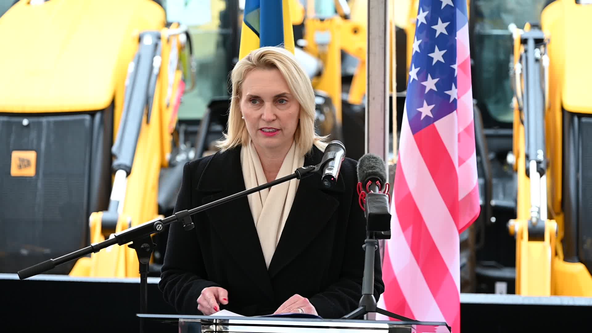 US Ambassador to Ukraine hands over heavy machinery in Kyiv, amid Russia's invasion of Ukraine
