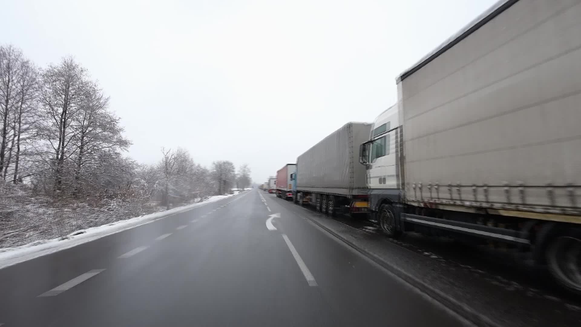 Long queue of trucks are waiting to cross the border to Ukraine near the Dorohusk town