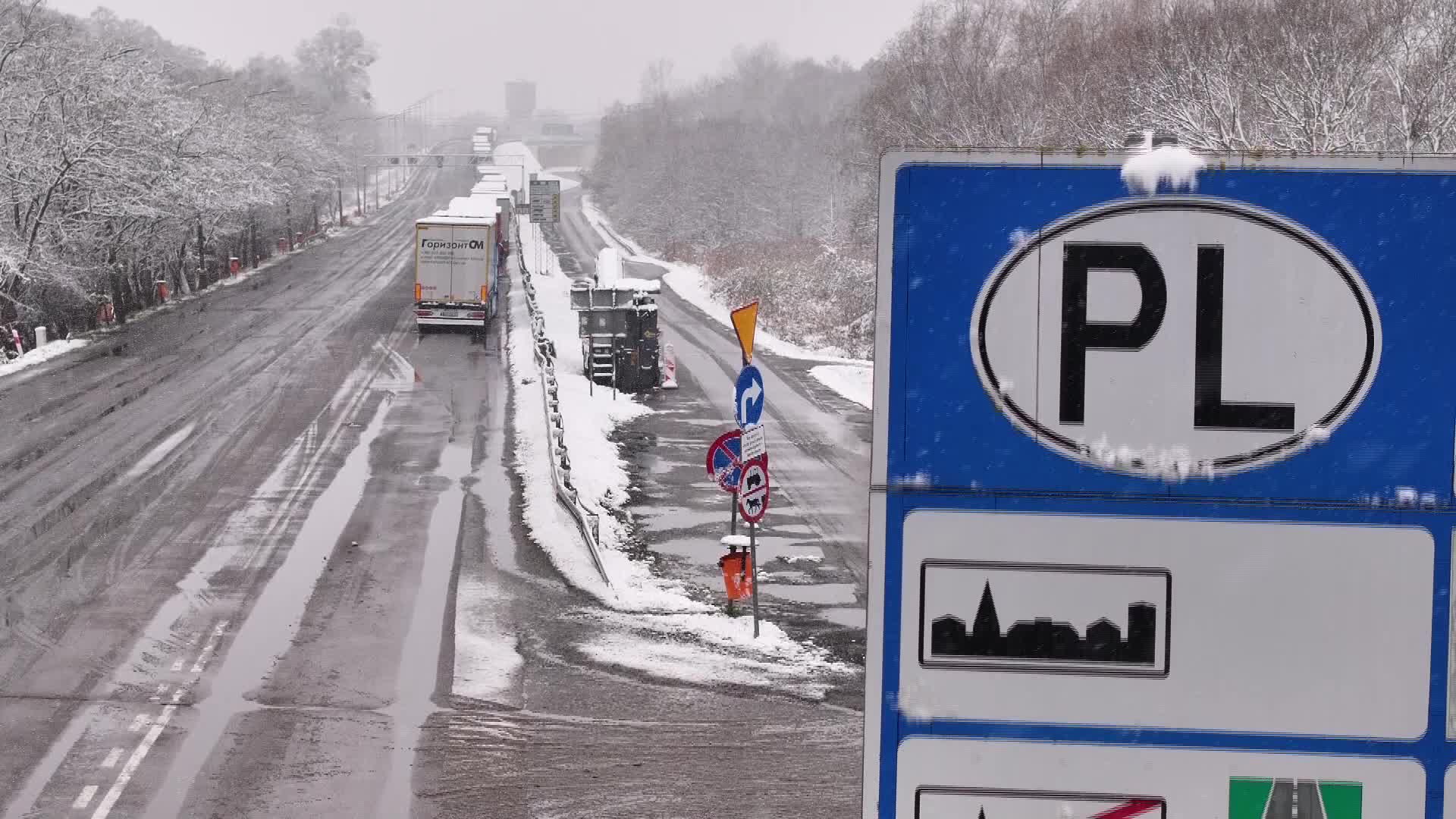 Long queue of trucks are waiting to cross the border to Ukraine near the Dorohusk town