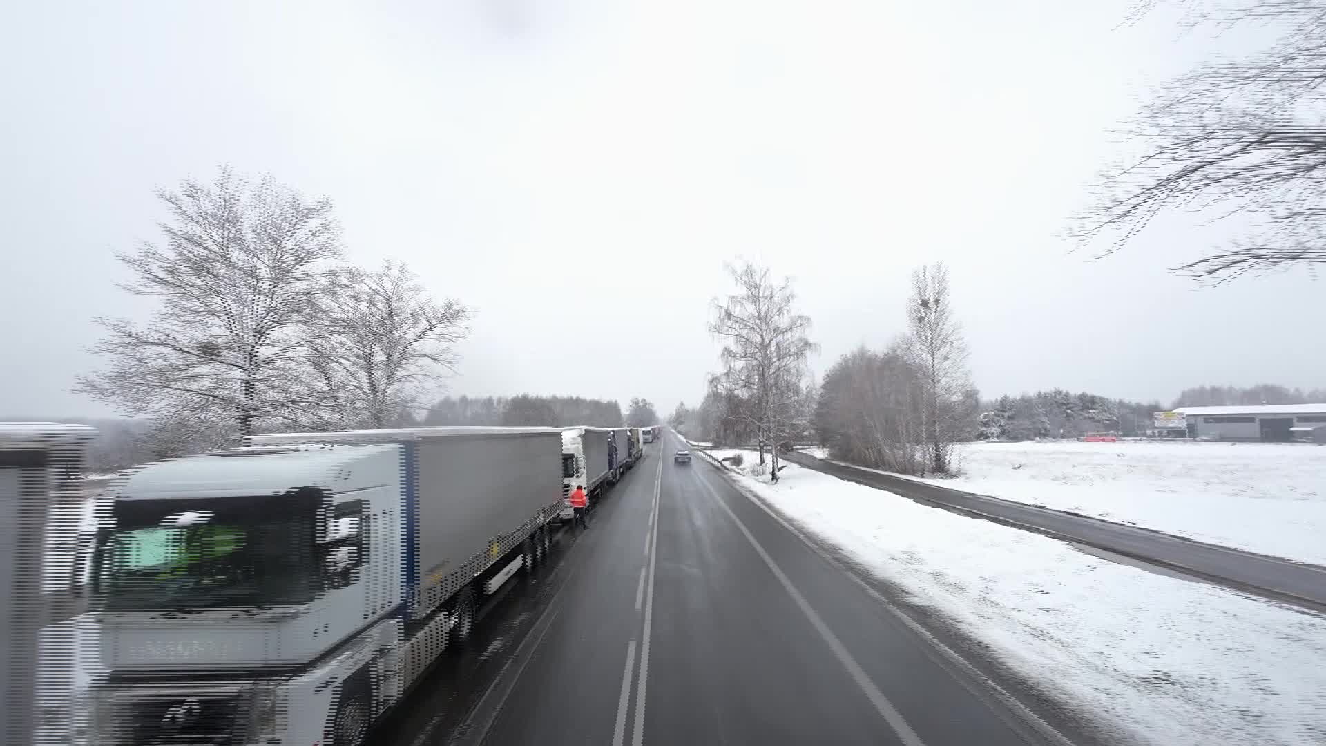 Long queue of trucks are waiting to cross the border to Ukraine near the Dorohusk town