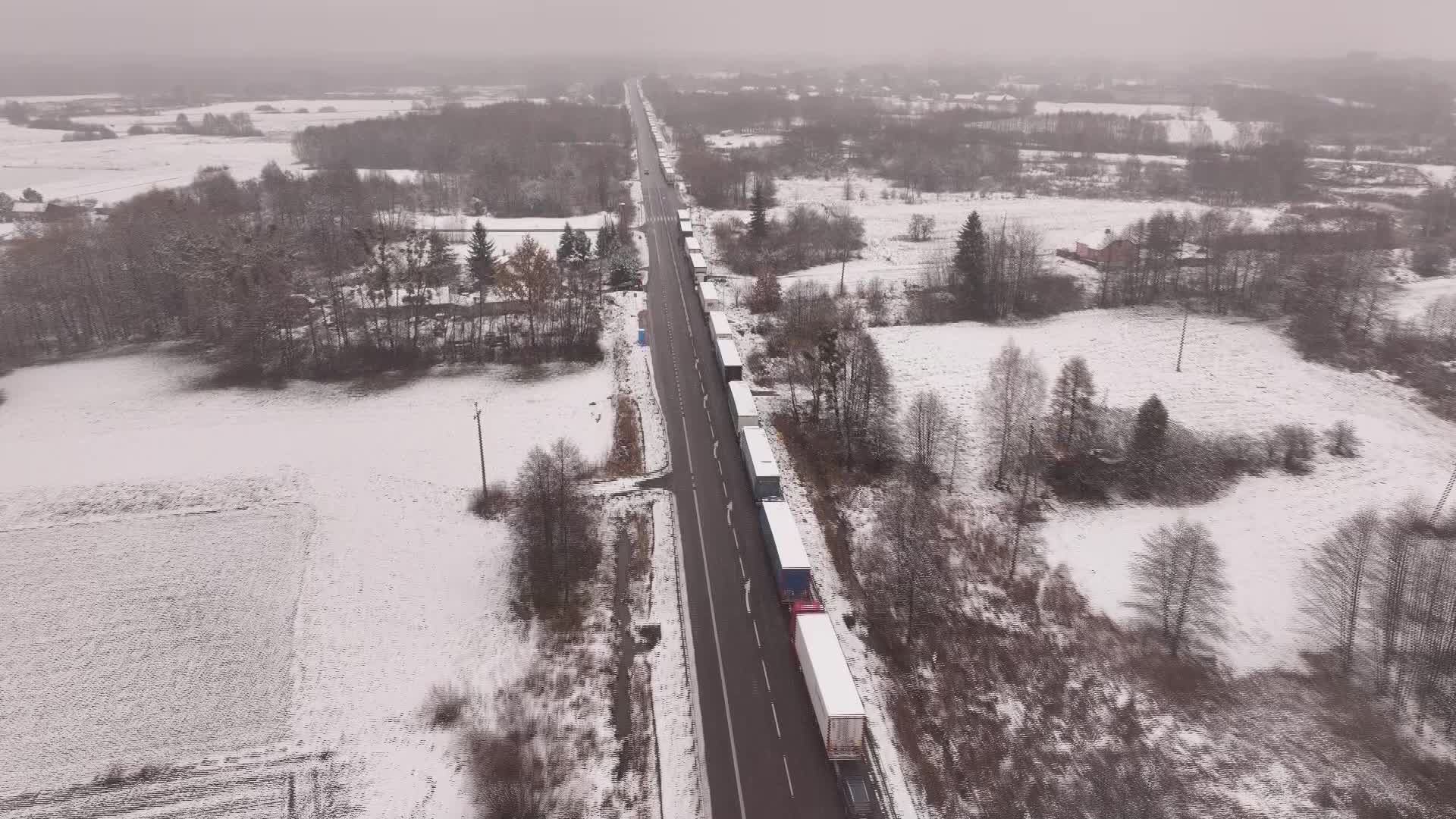 Long queue of trucks are waiting to cross the border to Ukraine near the Dorohusk town