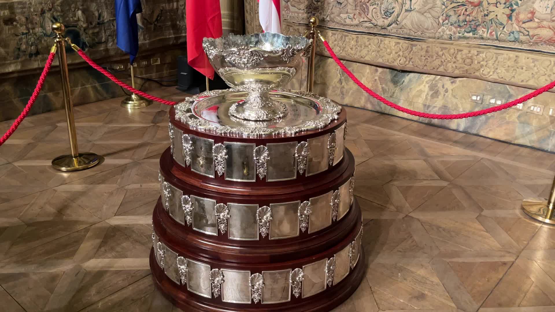 The Davis Cup trophy on display for the first stage of the Trophy Tour at Palazzo Marino in Milan