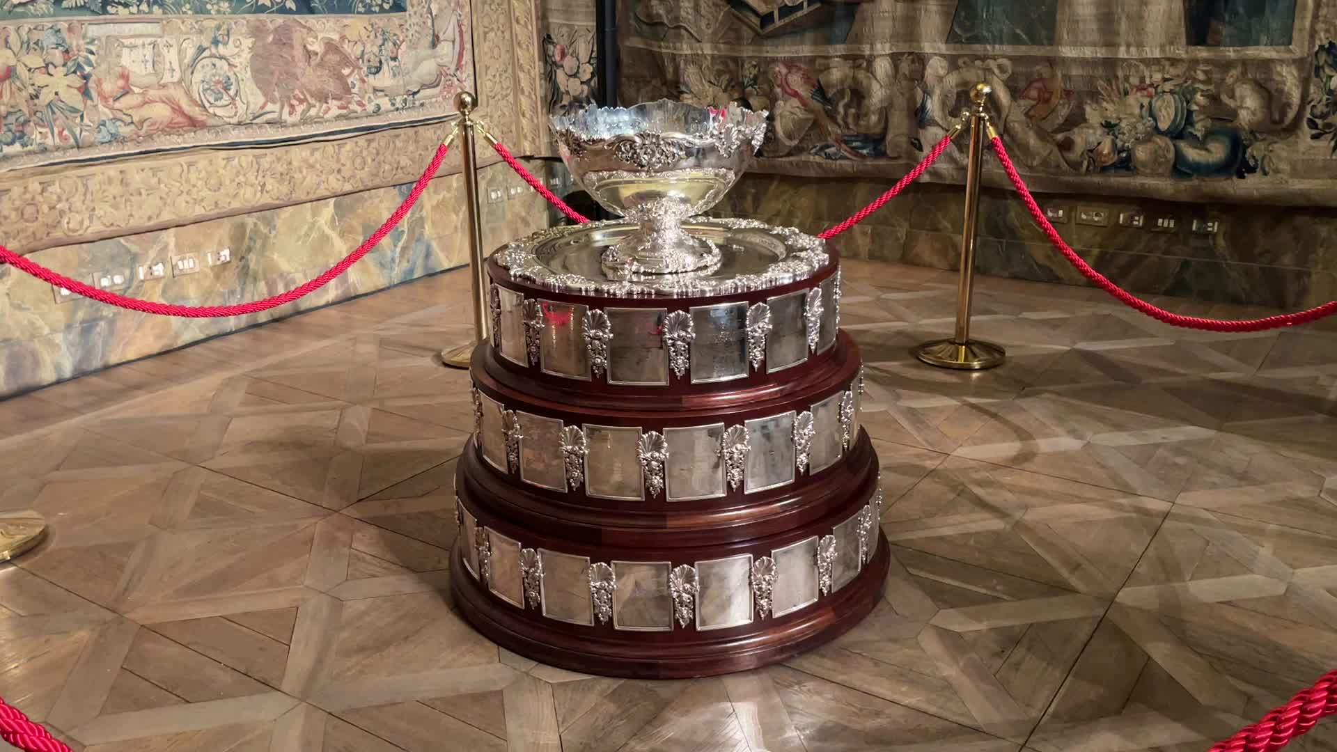 The Davis Cup trophy on display for the first stage of the Trophy Tour at Palazzo Marino in Milan