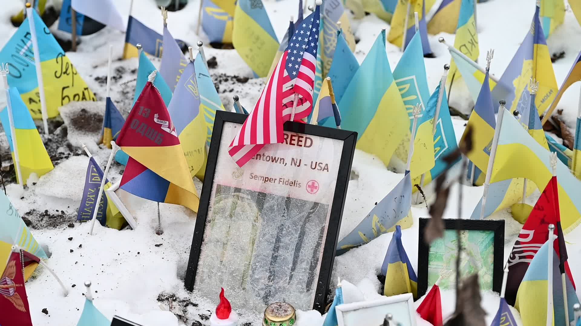 Flags with names of fallen soldiers in Kyiv, amid Russia's invasion of Ukraine