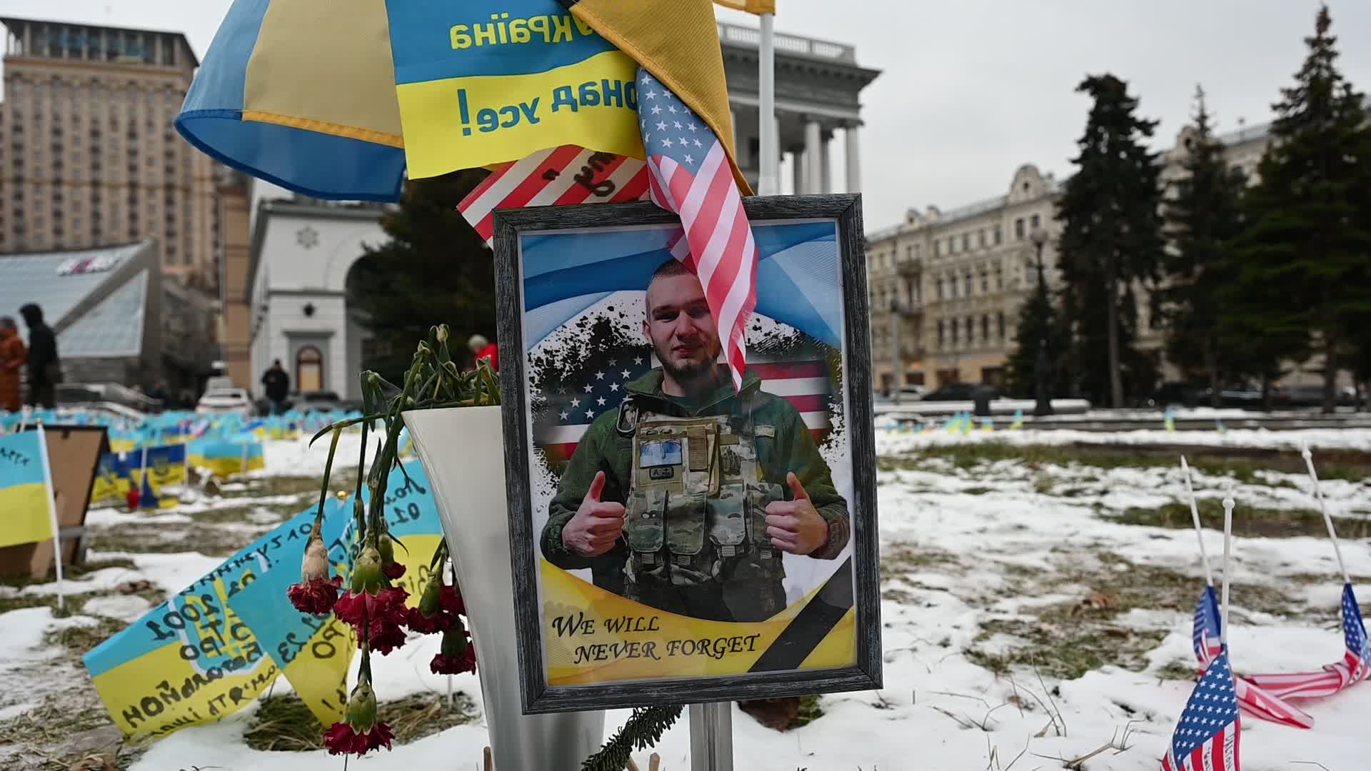 Flags with names of fallen soldiers in Kyiv, amid Russia's invasion of Ukraine